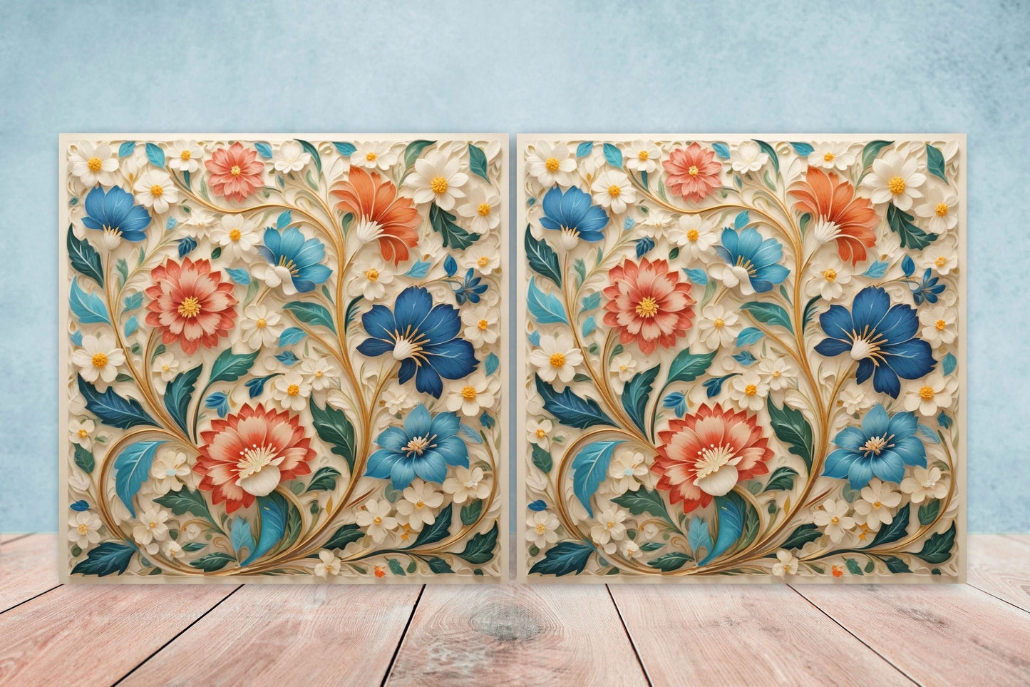 Art Nouveau Flower Ceramic Tiles - Set of 2 Art Nouveau Wall Decor Tiles - Kitchen Backsplash Tiles, Table Decorative Tiles, Bathroom Tiles