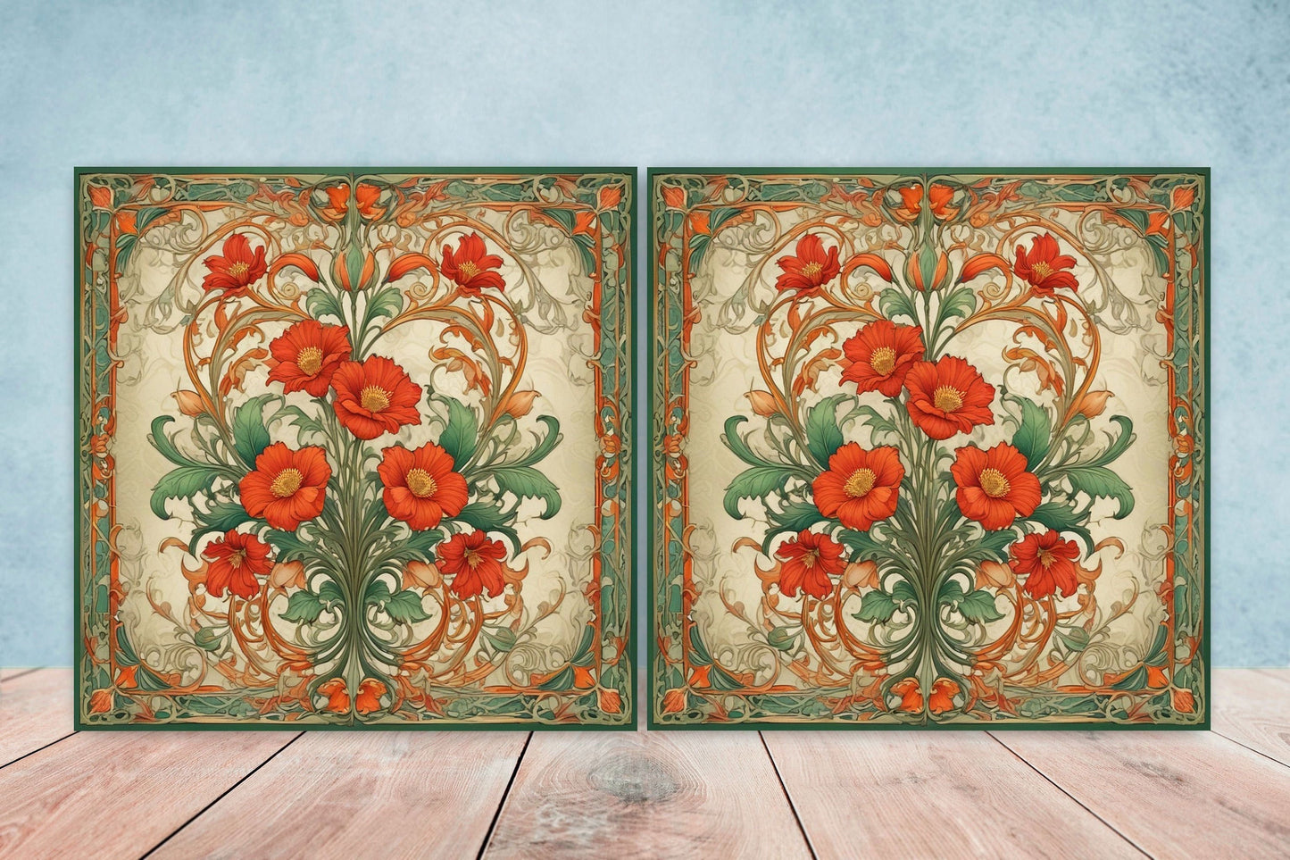 Art Nouveau Flower Ceramic Tiles - Set of 2 Art Nouveau Wall Decor Tiles - Kitchen Backsplash Tiles, Table Decorative Tiles, Bathroom Tiles