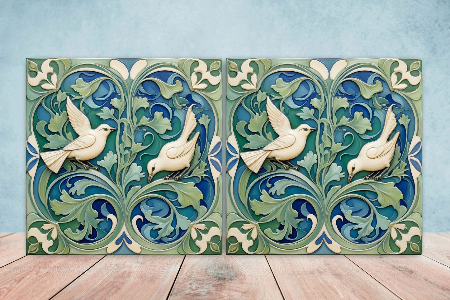 Art Nouveau Bird and Flower Ceramic tiles -Set of 2 Art Nouveau Bird Wall Decor Tiles,Bird Tiles -Kitchen Backsplash Tiles,Bathroom Tiles