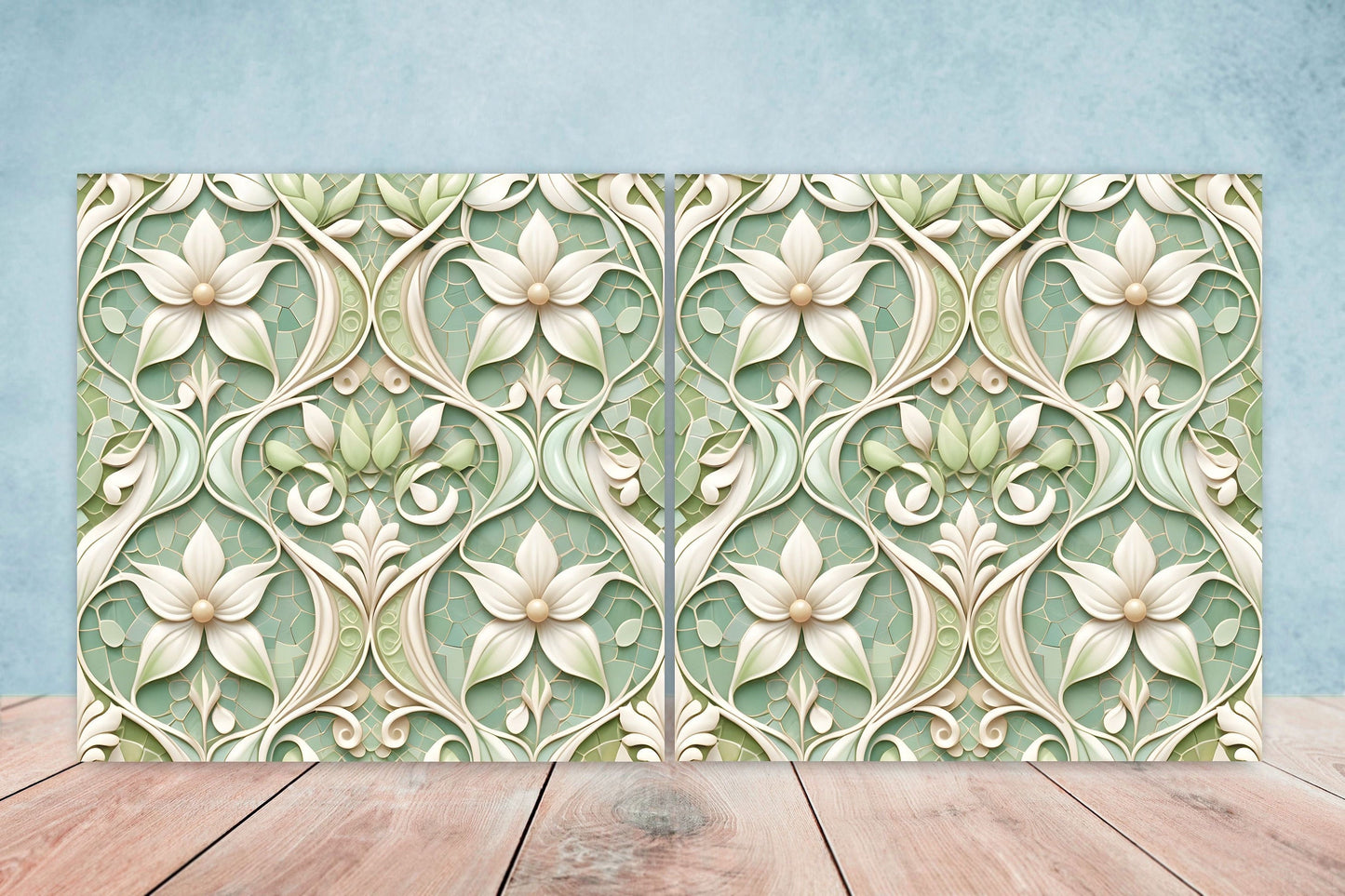 Art Nouveau Flower Ceramic Tiles - Set of 2 Art Nouveau Wall Decor Tiles - Kitchen Backsplash Tiles, Table Decorative Tiles, Bathroom Tiles