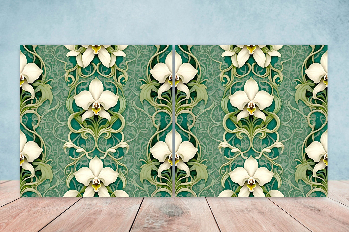 Art Nouveau Flower Ceramic Tiles - Set of 2 Art Nouveau Wall Decor Tiles - Kitchen Backsplash Tiles, Table Decorative Tiles, Bathroom Tiles