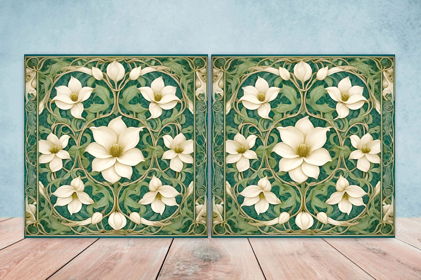 Art Nouveau Flower Ceramic Tiles - Set of 2 Art Nouveau Wall Decor Tiles - Kitchen Backsplash Tiles, Table Decorative Tiles, Bathroom Tiles