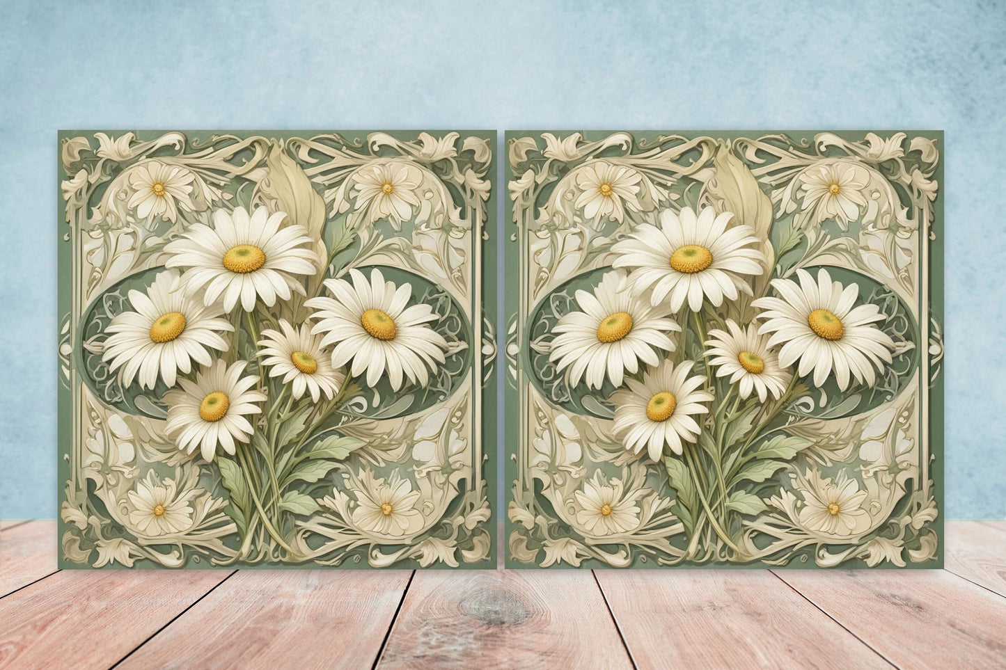 Art Nouveau Flower Ceramic Tiles - Set of 2 Art Nouveau Wall Decor Tiles - Kitchen Backsplash Tiles, Table Decorative Tiles, Bathroom Tiles