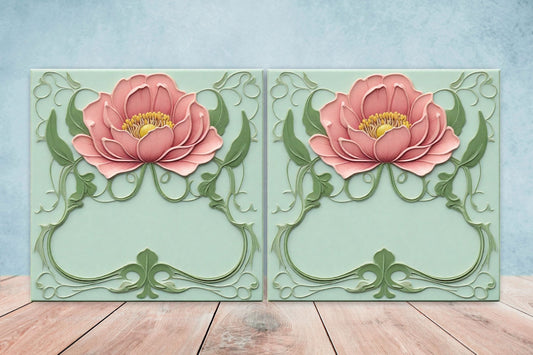 Art Nouveau Flower Ceramic Tiles - Set of 2 Art Nouveau Wall Decor Tiles - Kitchen Backsplash Tiles, Table Decorative Tiles, Bathroom Tiles