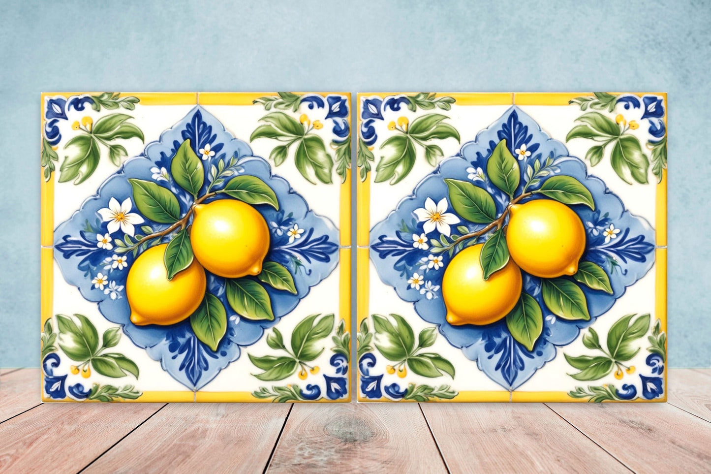 Italian Majolica Lemon Tiles - Set of 2 Italian Wall Decor Tiles - Kitchen Backsplash Tiles, Table Decorative Tiles, Bathroom Tiles, Coaster