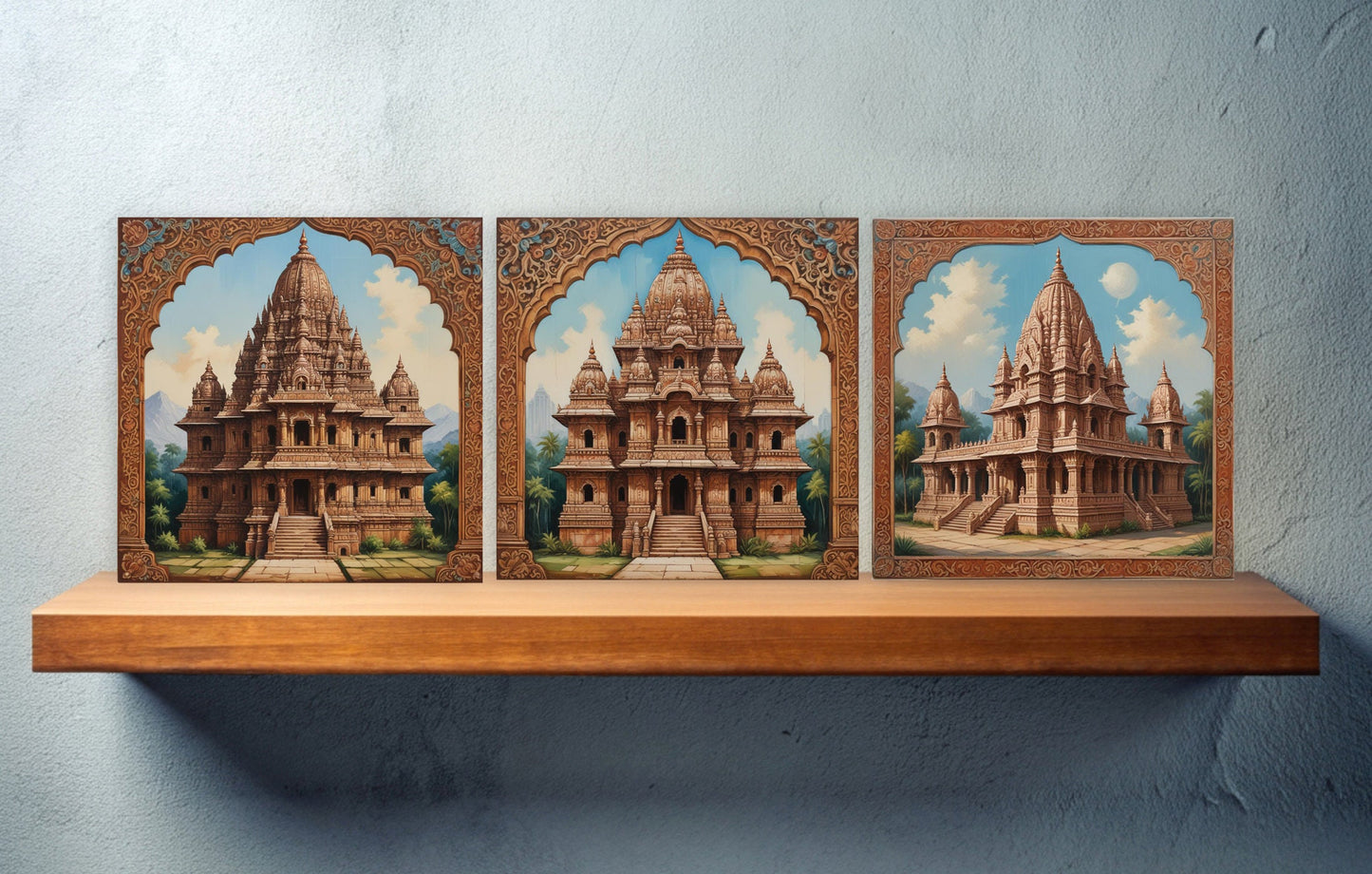 Set of 3 Indian Hindu Temples Ceramic Wall Tiles - Gloss Finish - Hindu Wall Art Print -Temple art -Temple Decor - Temple print -Hindu print