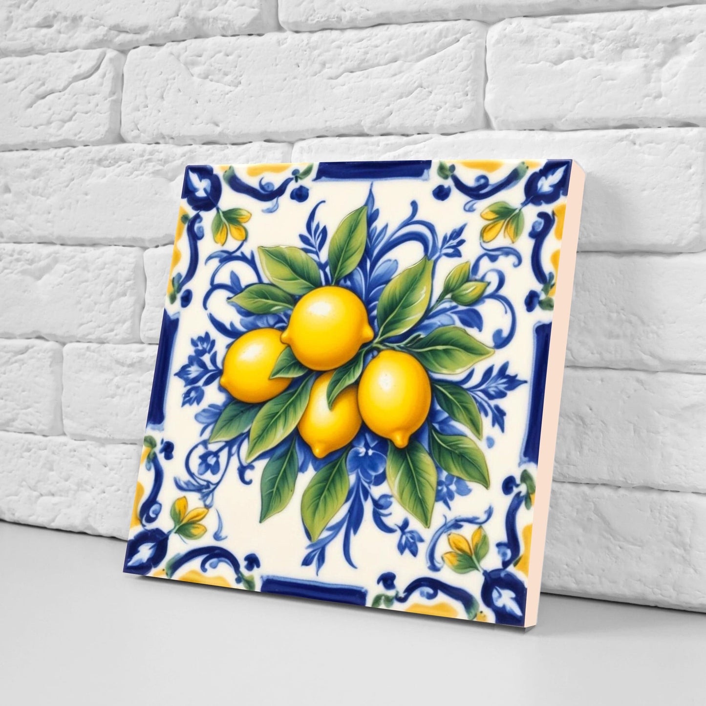 Italian Majolica Lemon Tiles - Set of 2 Italian Wall Decor Tiles - Kitchen Backsplash Tiles, Table Decorative Tiles, Bathroom Tiles, Coaster