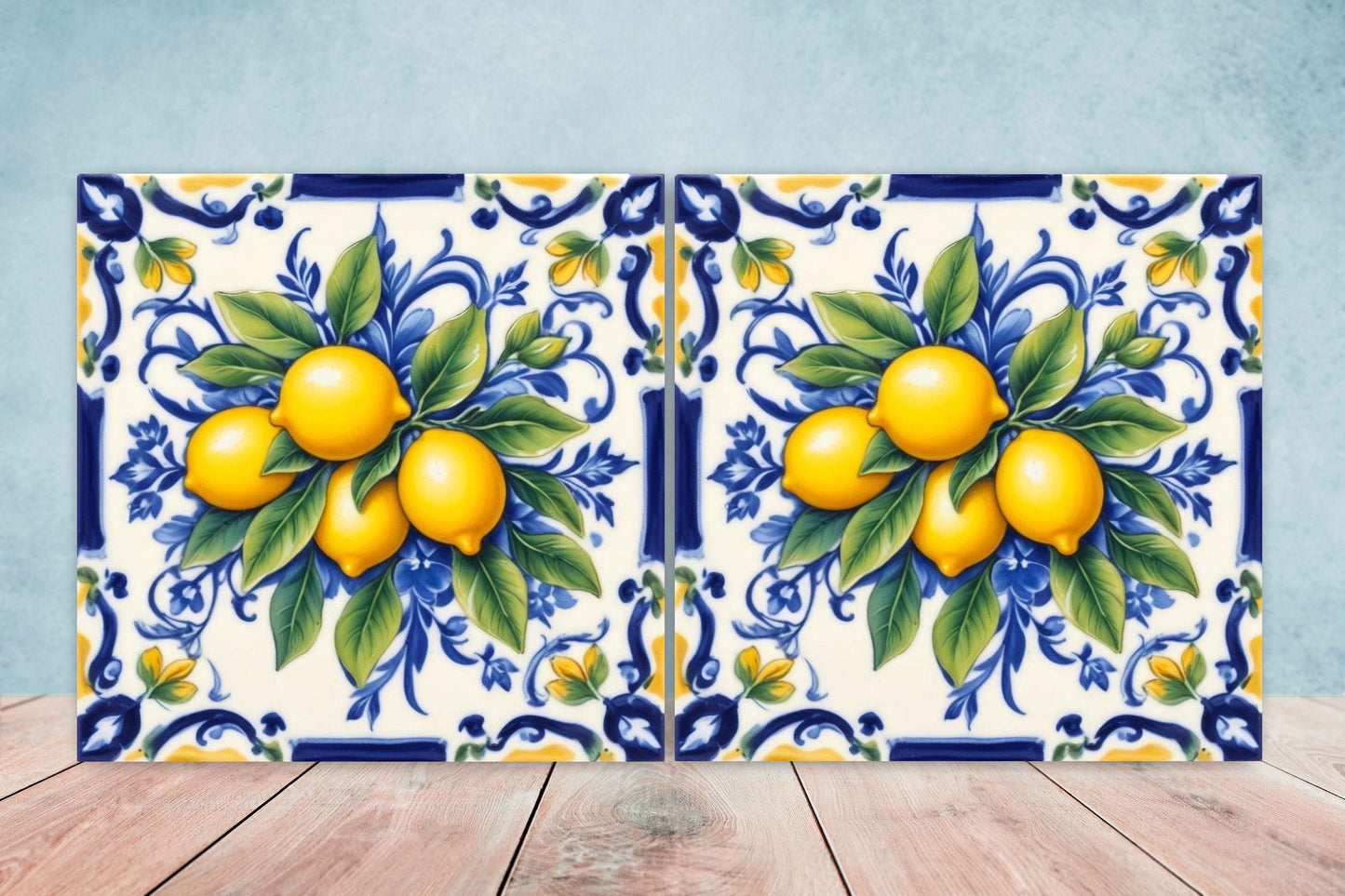 Italian Majolica Lemon Tiles - Set of 2 Italian Wall Decor Tiles - Kitchen Backsplash Tiles, Table Decorative Tiles, Bathroom Tiles, Coaster