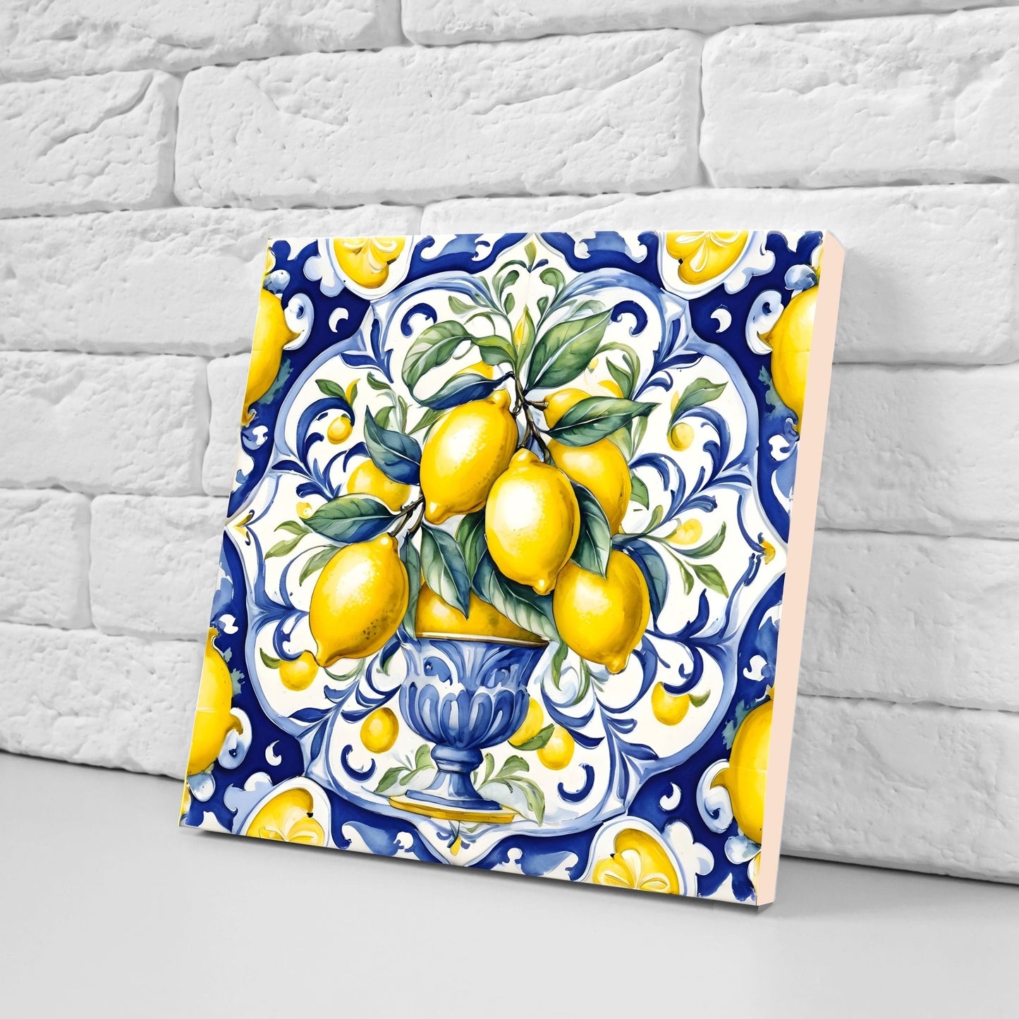 Italian Majolica Lemon Tiles - Set of 2 Italian Wall Decor Tiles - Kitchen Backsplash Tiles, Table Decorative Tiles, Bathroom Tiles, Coaster