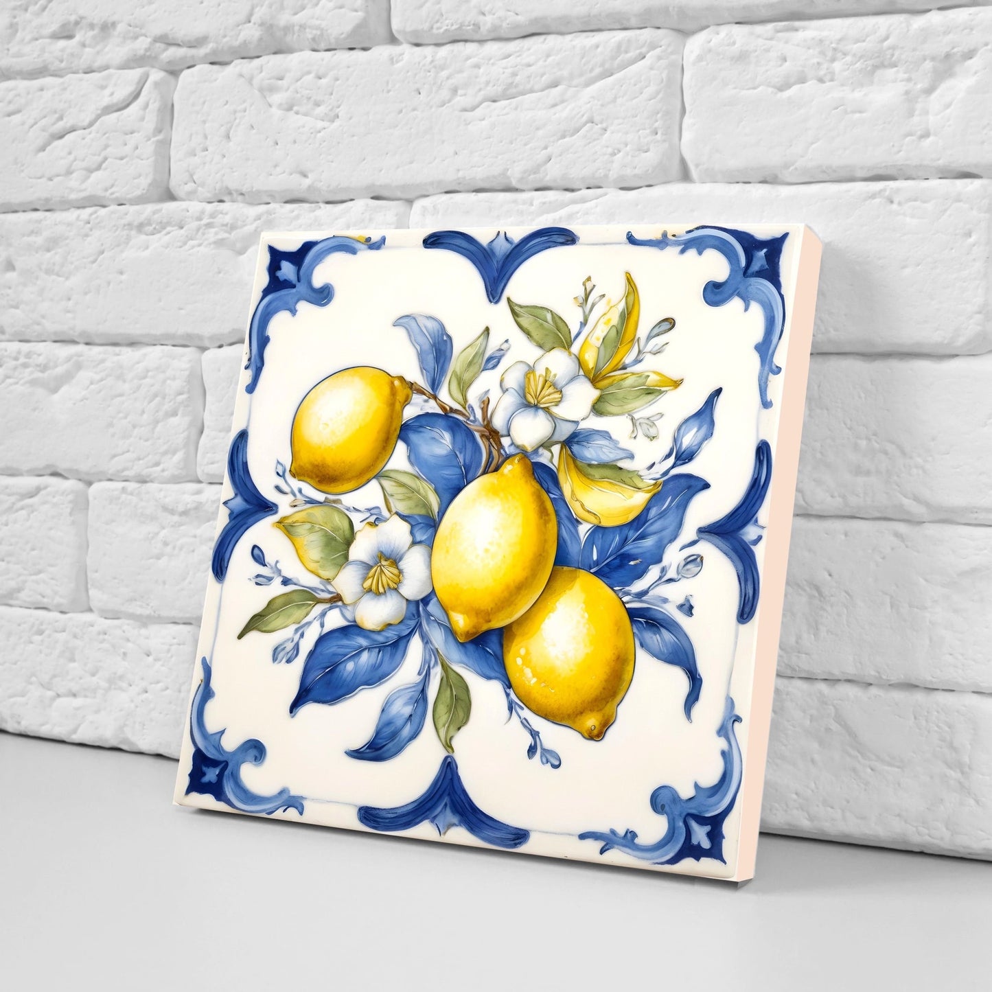 Italian Majolica Lemon Tiles - Set of 2 Italian Wall Decor Tiles - Kitchen Backsplash Tiles, Table Decorative Tiles, Bathroom Tiles, Coaster