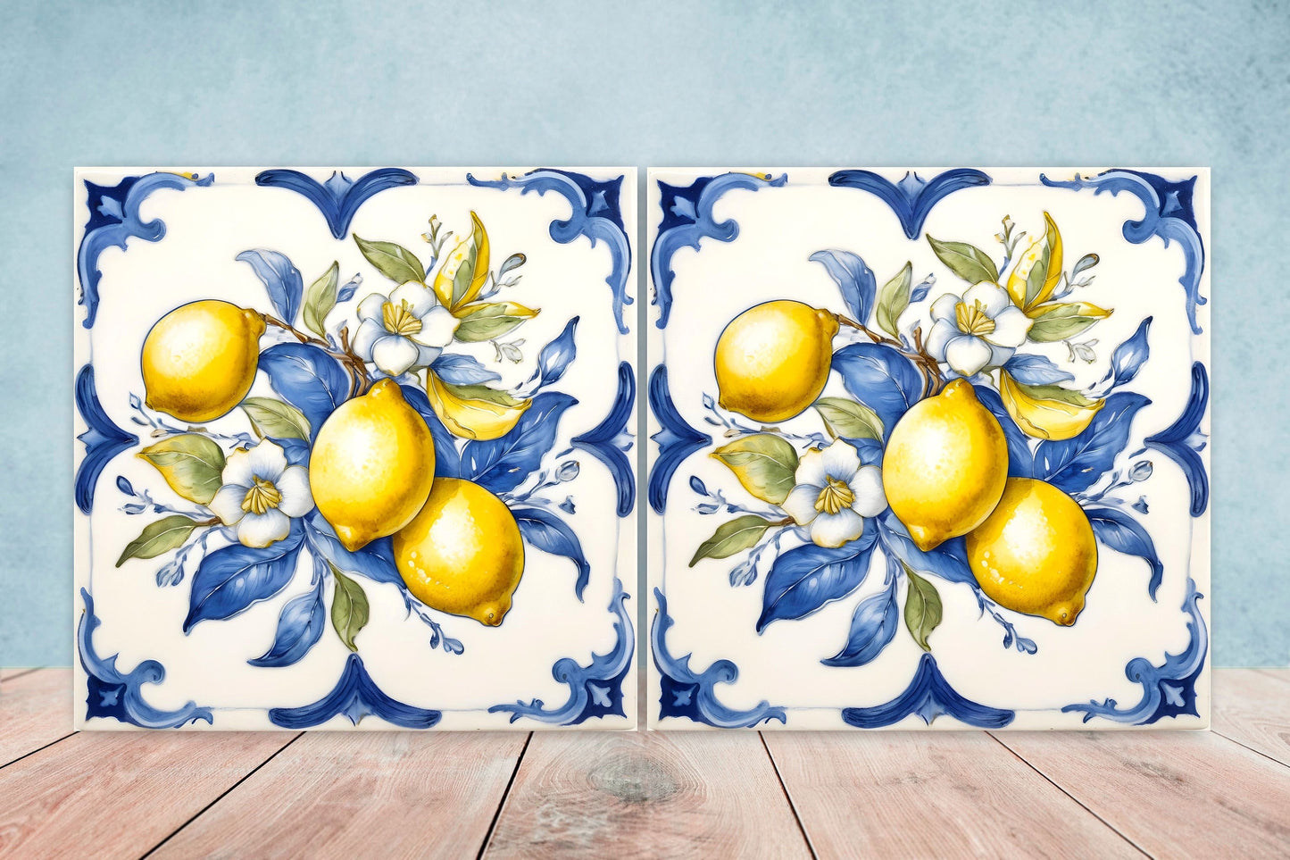 Italian Majolica Lemon Tiles - Set of 2 Italian Wall Decor Tiles - Kitchen Backsplash Tiles, Table Decorative Tiles, Bathroom Tiles, Coaster
