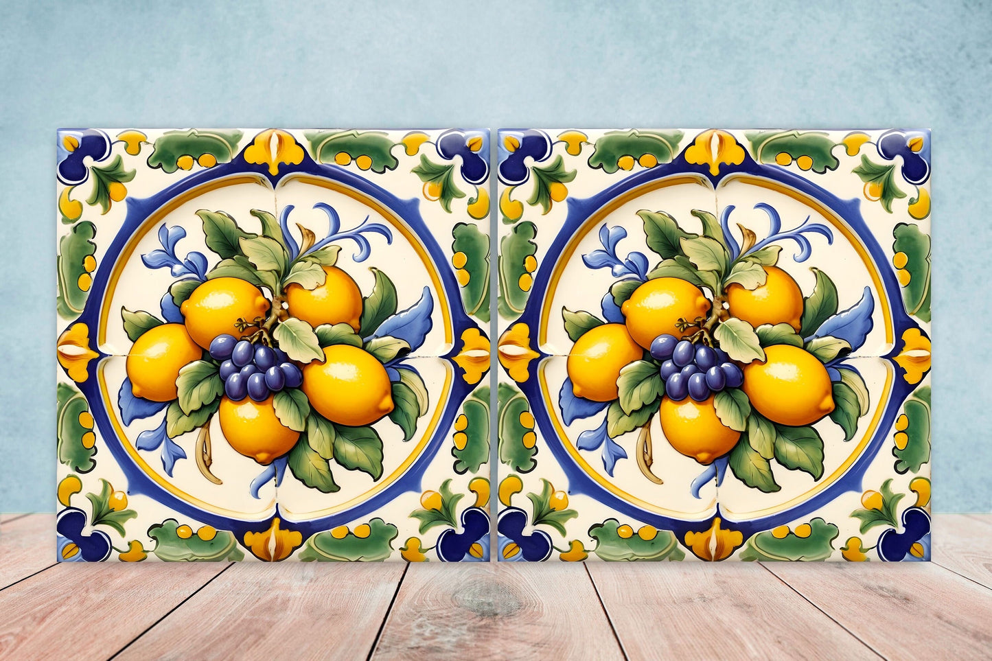 Italian Majolica Lemon Tiles - Set of 2 Italian Wall Decor Tiles - Kitchen Backsplash Tiles, Table Decorative Tiles, Bathroom Tiles, Coaster