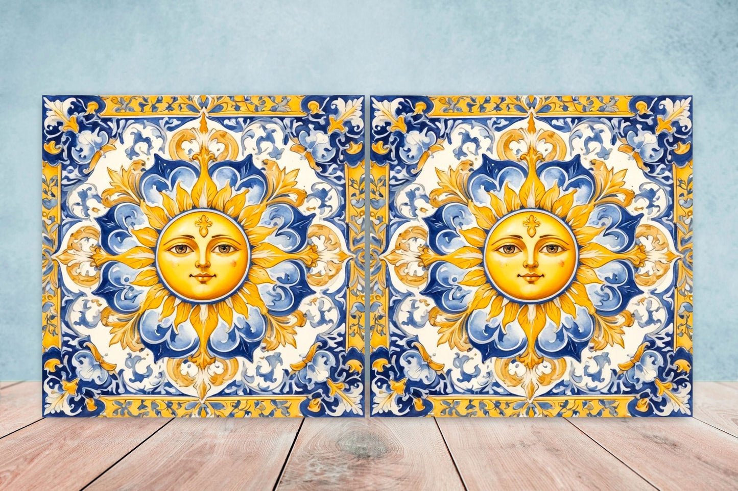 Italian Majolica Sun Tiles - Set of 2 Italian Wall Decor Tiles - Kitchen Backsplash Tiles, Table Decorative Tiles, Bathroom Tiles, Coaster