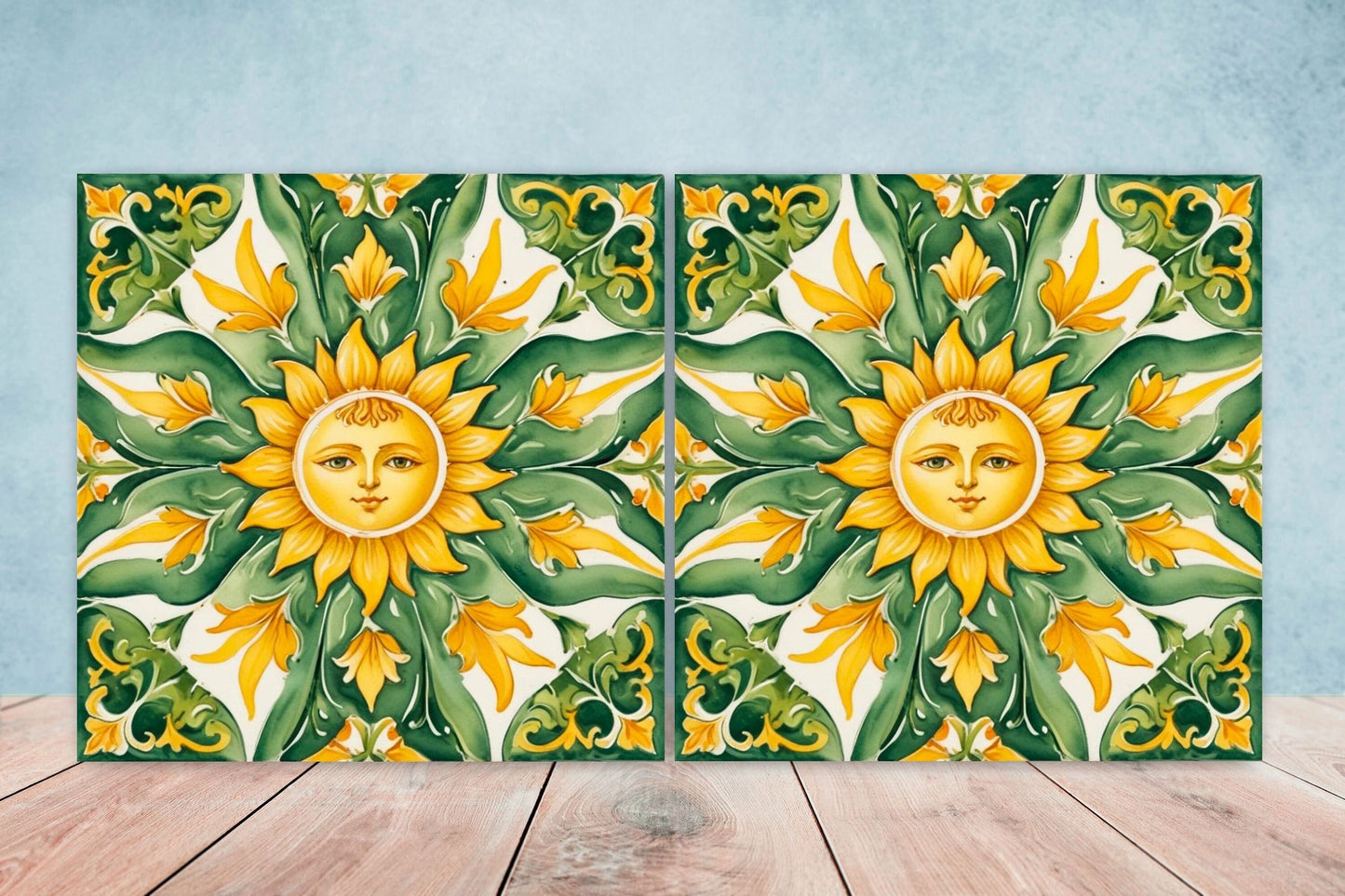Italian Majolica Sun Tiles - Set of 2 Italian Wall Decor Tiles - Kitchen Backsplash Tiles, Table Decorative Tiles, Bathroom Tiles, Coaster