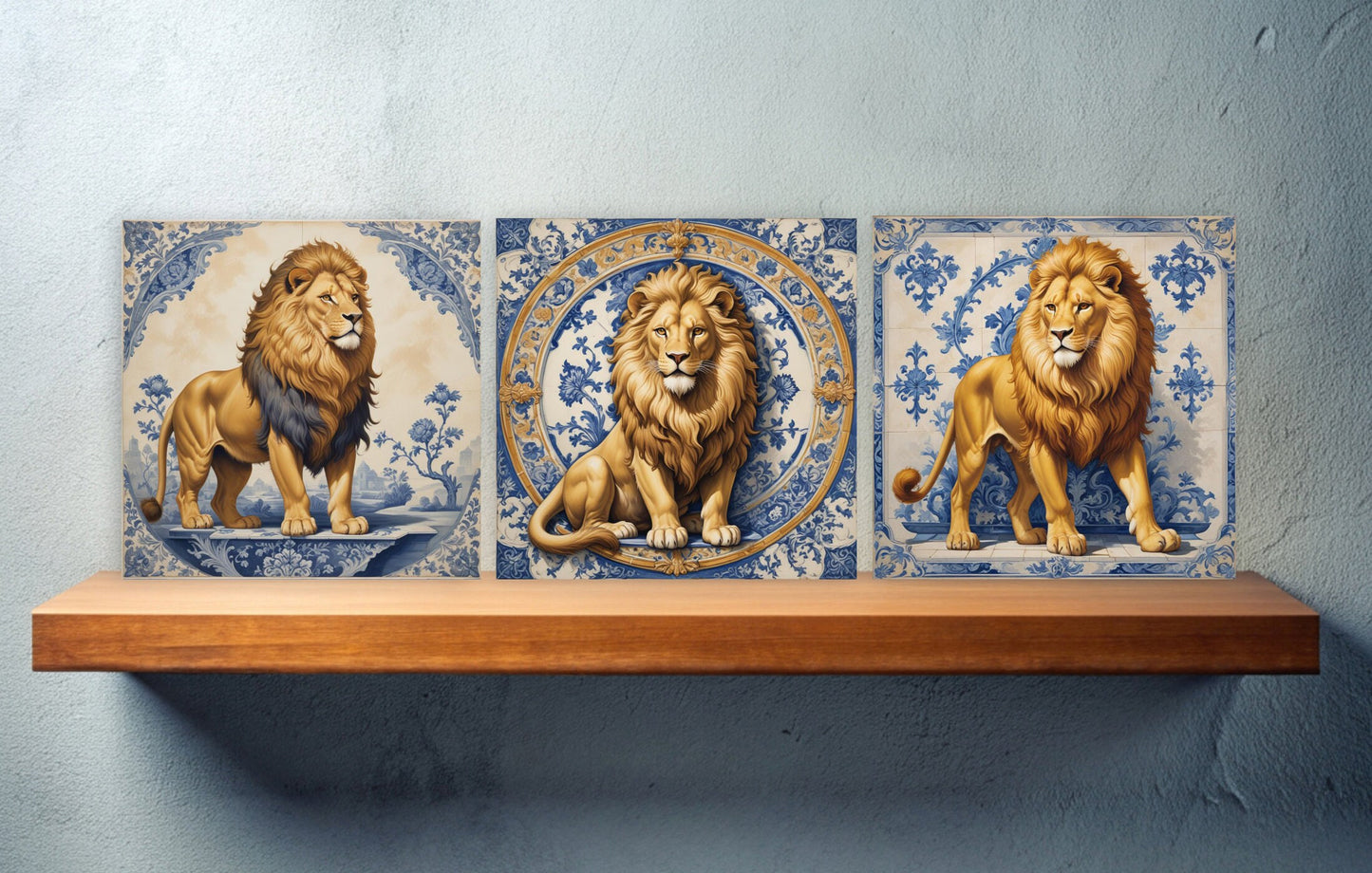 Delft Blue Lion Ceramic tiles - Set of 3 Delft Wall Decor Tiles - Kitchen Backsplash Tiles - Lion print tiles - Bathroom Tiles - Delft wall