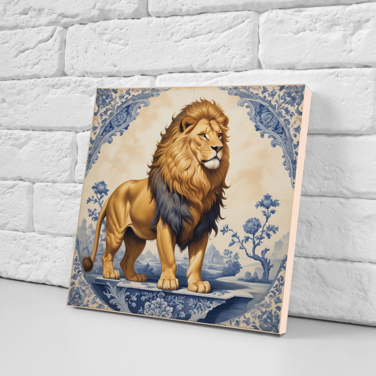 Delft Blue Lion Ceramic tiles - Set of 3 Delft Wall Decor Tiles - Kitchen Backsplash Tiles - Lion print tiles - Bathroom Tiles - Delft wall