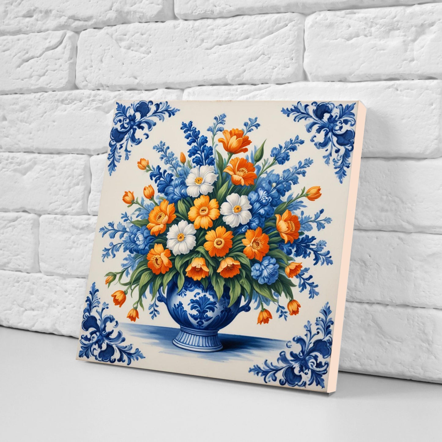 Delft Flowers Print Ceramic Tiles - Set of 3 Ceramic Decor Tiles - Kitchen Backsplash Tiles, Bathroom Tiles, Botanical wall art