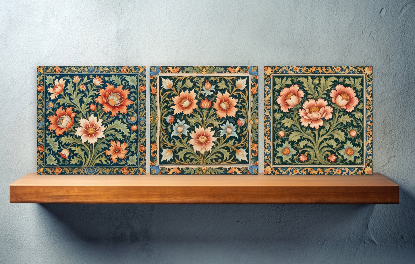 William Morris style Set of 3 Ceramic tiles,Art Nouveau Tiles, Botanical Tiles, Floral wall art, FlowerTiles,William Morris print,Backsplash