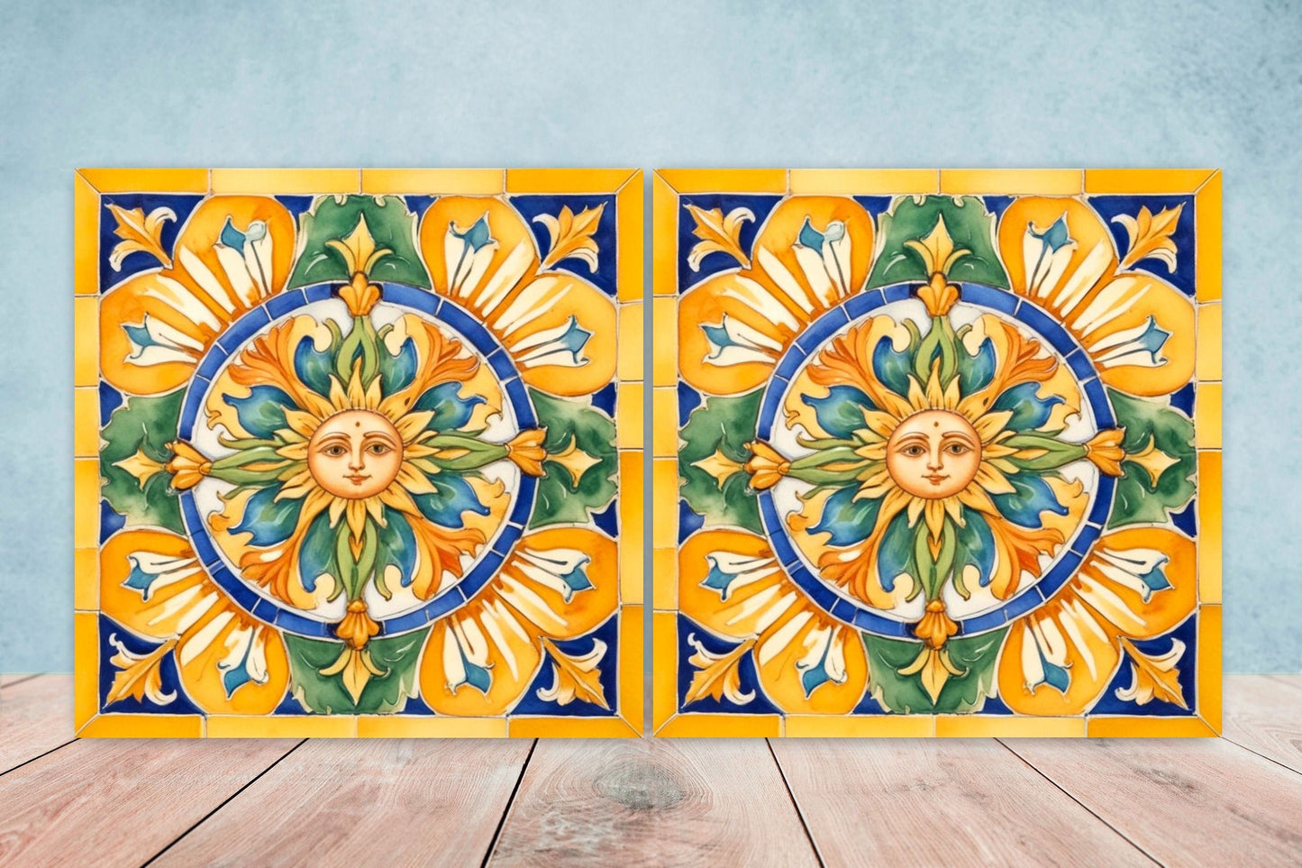 Italian Majolica Sun Tiles - Set of 2 Italian Wall Decor Tiles - Kitchen Backsplash Tiles, Table Decorative Tiles, Bathroom Tiles, Coaster