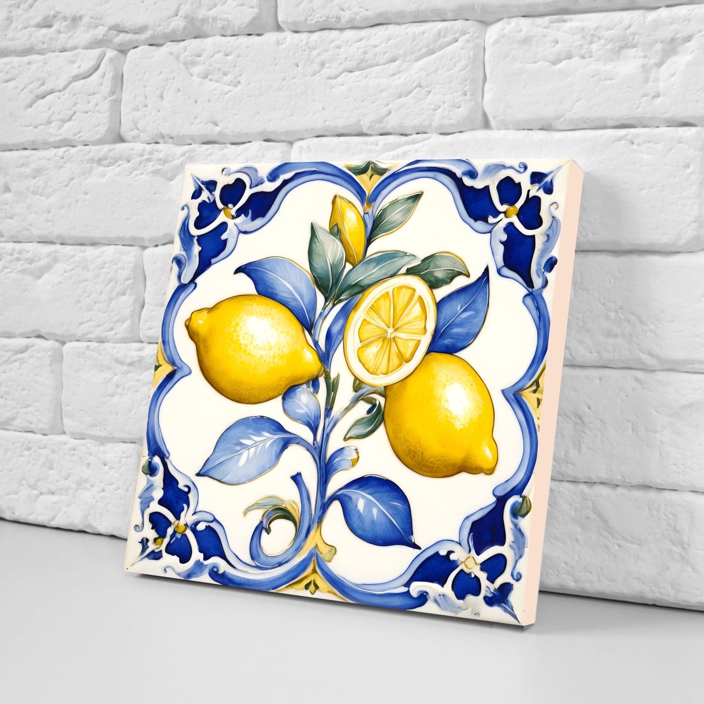 Italian Majolica Lemon Tiles - Set of 2 Italian Wall Decor Tiles - Kitchen Backsplash Tiles, Table Decorative Tiles, Bathroom Tiles, Coaster