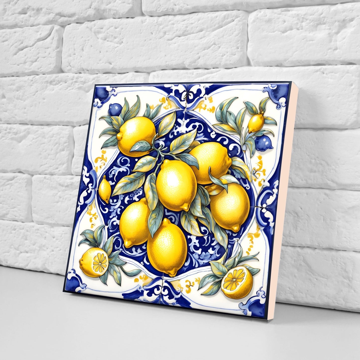 Italian Majolica Lemon Tiles - Set of 2 Italian Wall Decor Tiles - Kitchen Backsplash Tiles, Table Decorative Tiles, Bathroom Tiles, Coaster