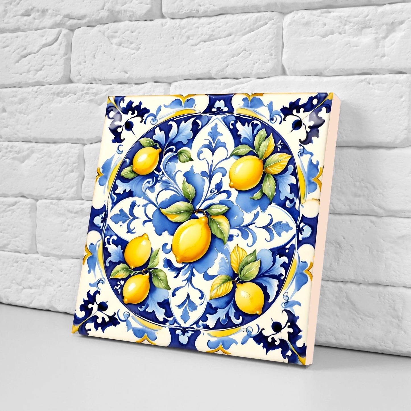 Italian Majolica Lemon Tiles - Set of 2 Italian Wall Decor Tiles - Kitchen Backsplash Tiles, Table Decorative Tiles, Bathroom Tiles, Coaster