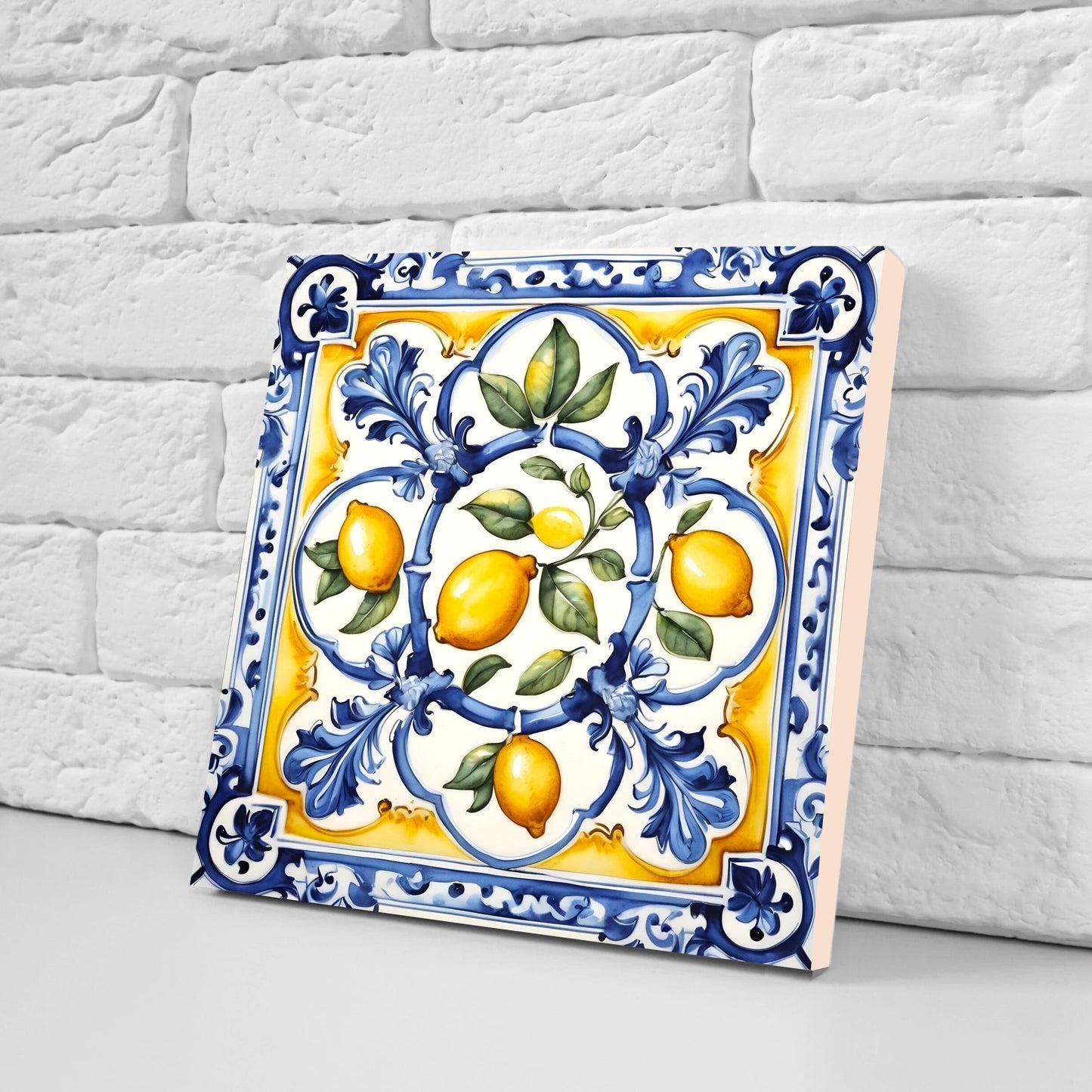 Italian Majolica Lemon Tiles - Set of 2 Italian Wall Decor Tiles - Kitchen Backsplash Tiles, Table Decorative Tiles, Bathroom Tiles, Coaster