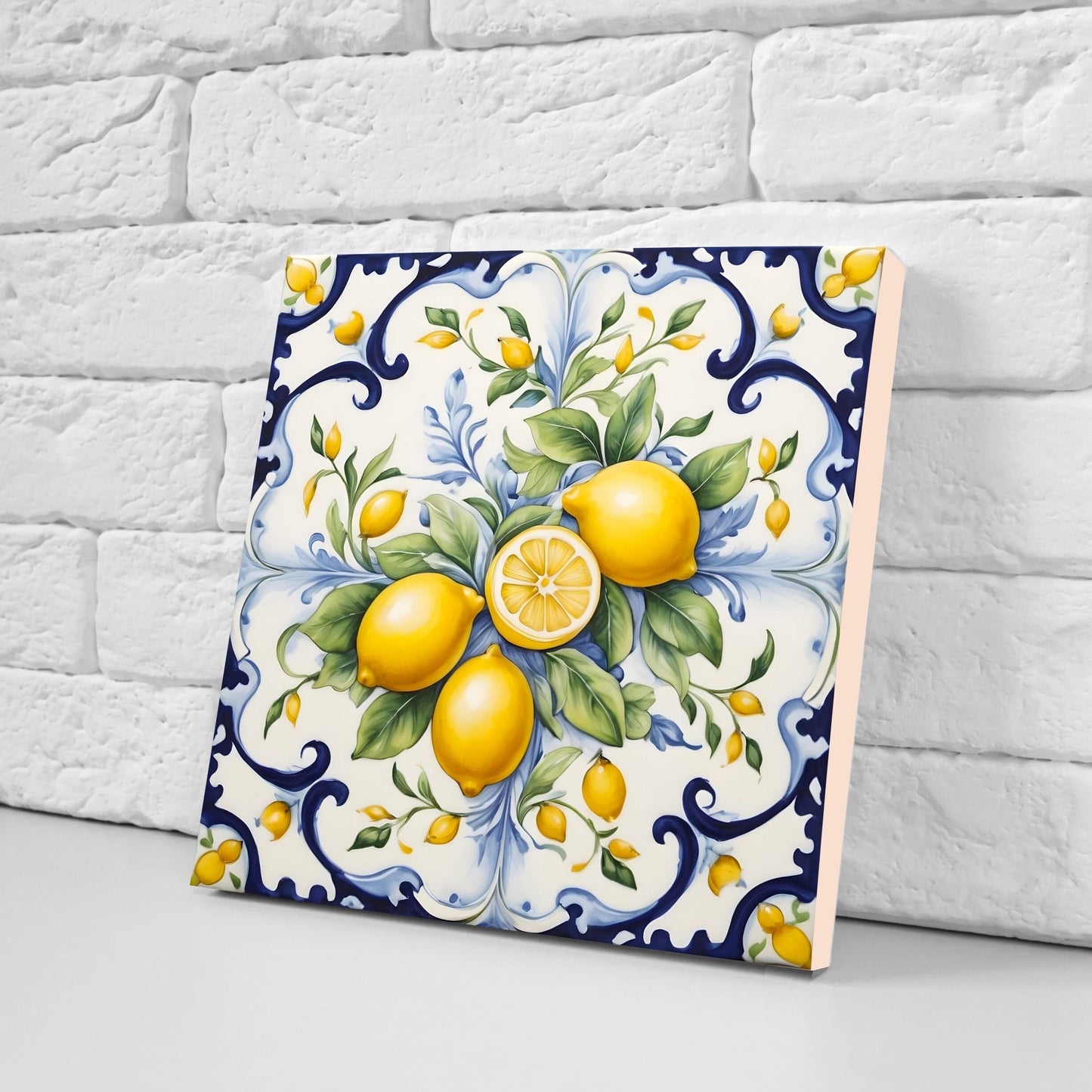 Italian Majolica Lemon Tiles - Set of 2 Italian Wall Decor Tiles - Kitchen Backsplash Tiles, Table Decorative Tiles, Bathroom Tiles, Coaster