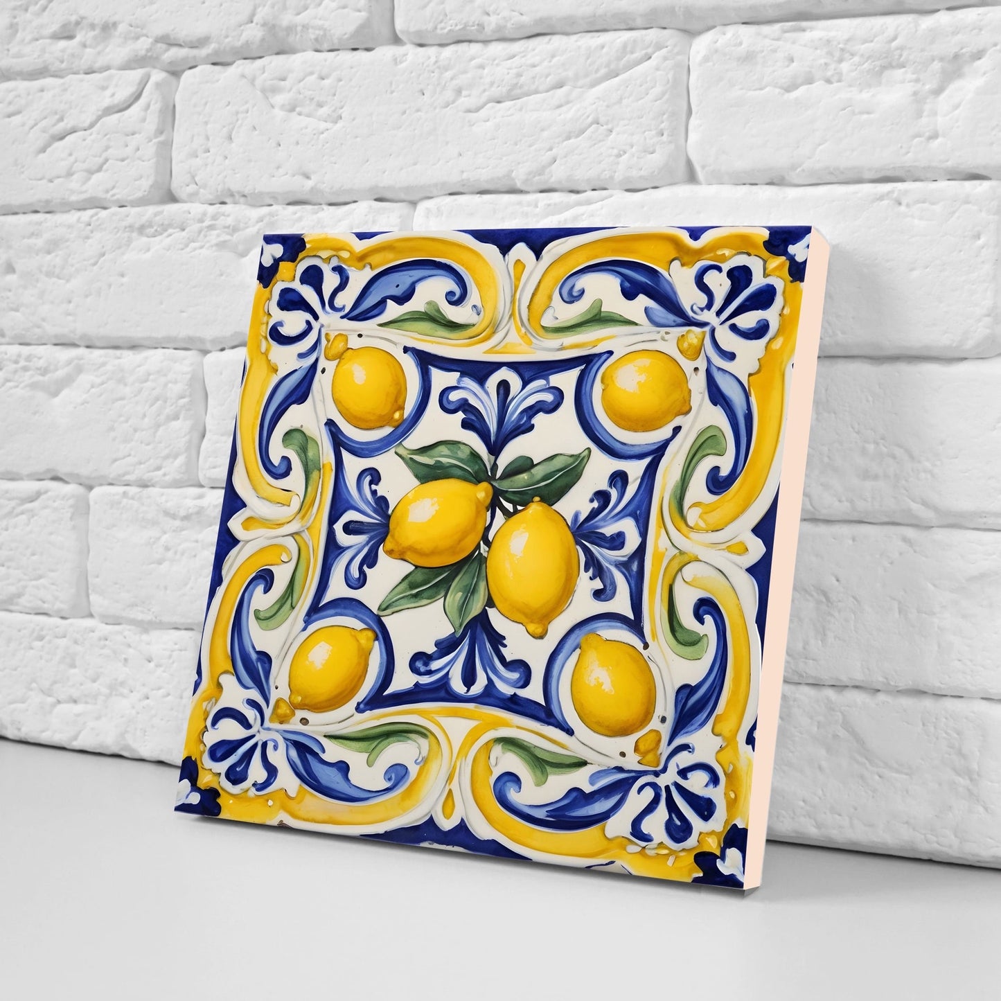Italian Majolica Lemon Tiles - Set of 2 Italian Wall Decor Tiles - Kitchen Backsplash Tiles, Table Decorative Tiles, Bathroom Tiles, Coaster