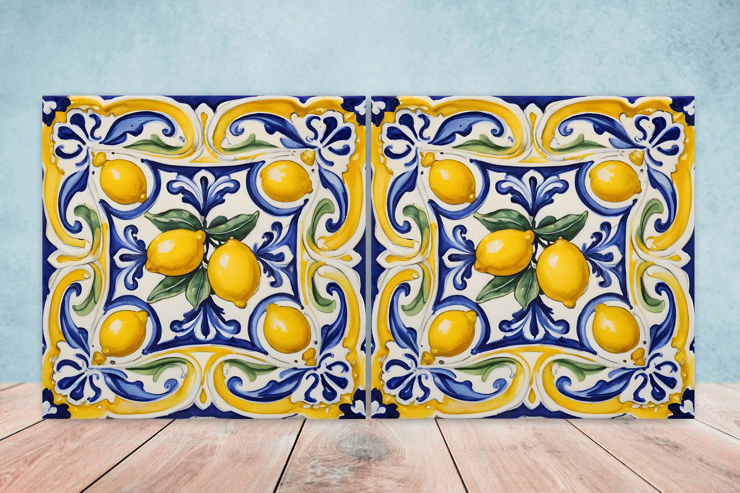 Italian Majolica Lemon Tiles - Set of 2 Italian Wall Decor Tiles - Kitchen Backsplash Tiles, Table Decorative Tiles, Bathroom Tiles, Coaster