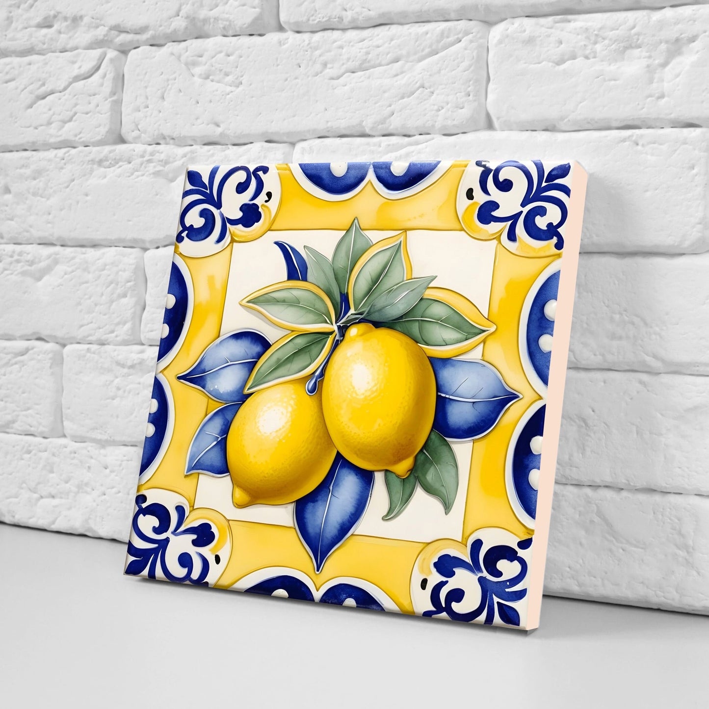 Italian Majolica Lemon Tiles - Set of 2 Italian Wall Decor Tiles - Kitchen Backsplash Tiles, Table Decorative Tiles, Bathroom Tiles, Coaster