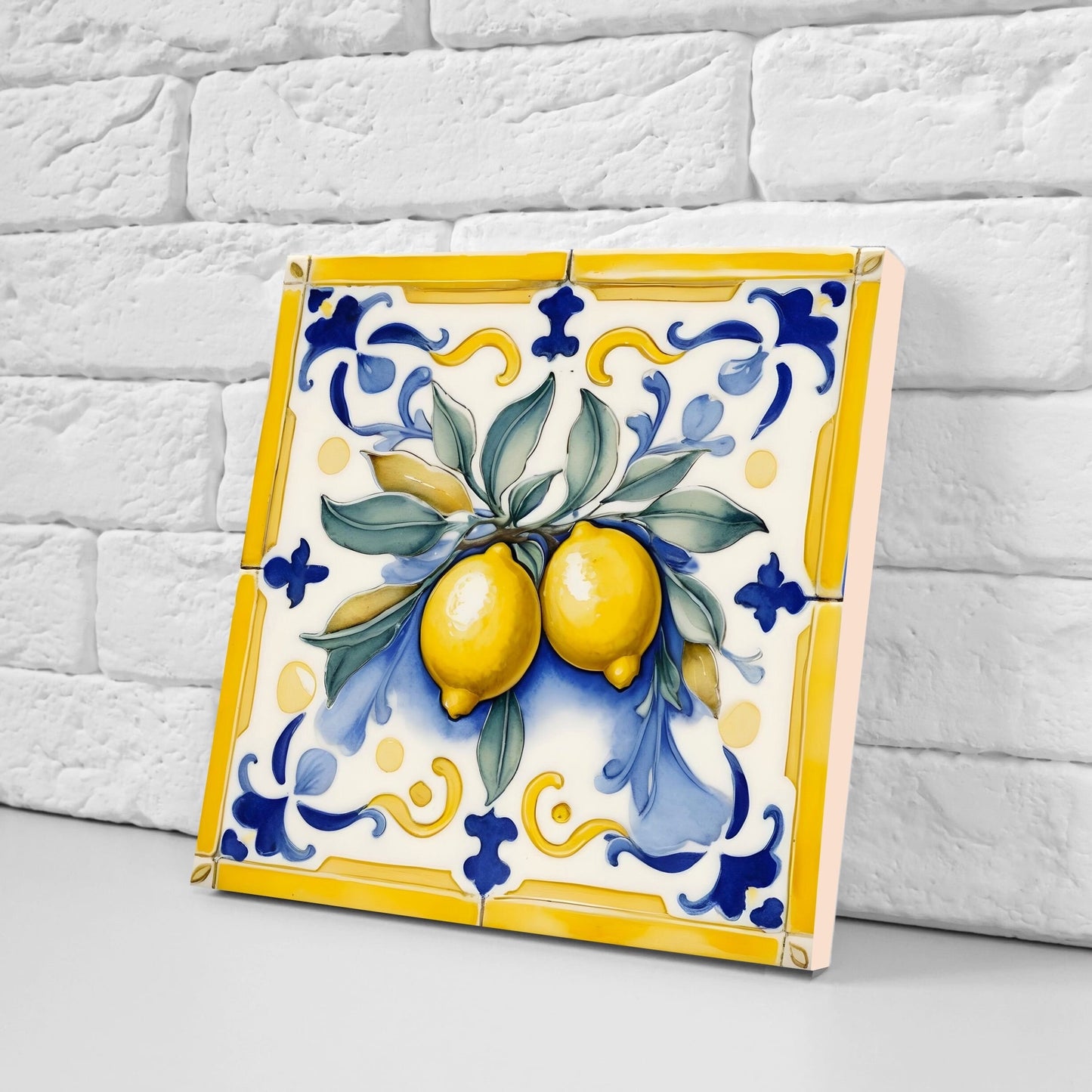 Italian Majolica Lemon Tiles - Set of 2 Italian Wall Decor Tiles - Kitchen Backsplash Tiles, Table Decorative Tiles, Bathroom Tiles, Coaster