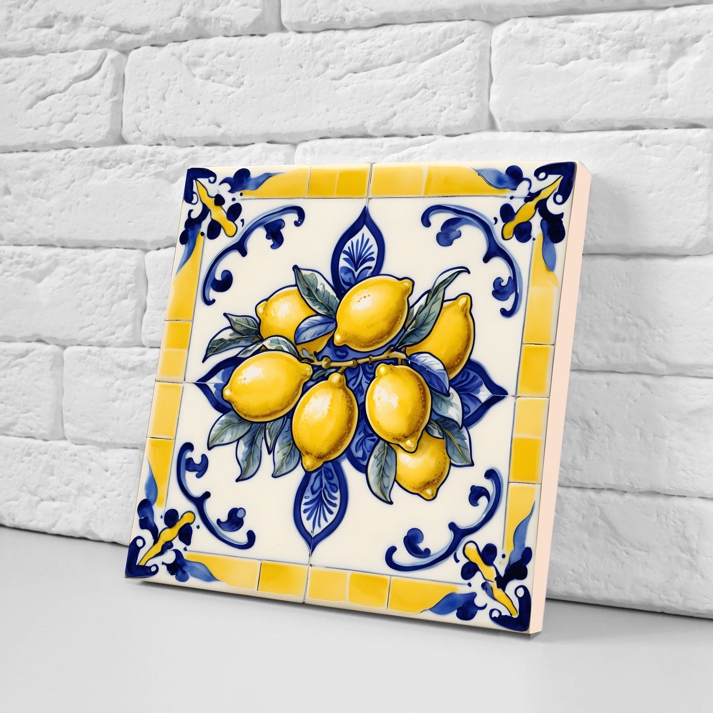 Italian Majolica Lemon Tiles - Set of 2 Italian Wall Decor Tiles - Kitchen Backsplash Tiles, Table Decorative Tiles, Bathroom Tiles, Coaster