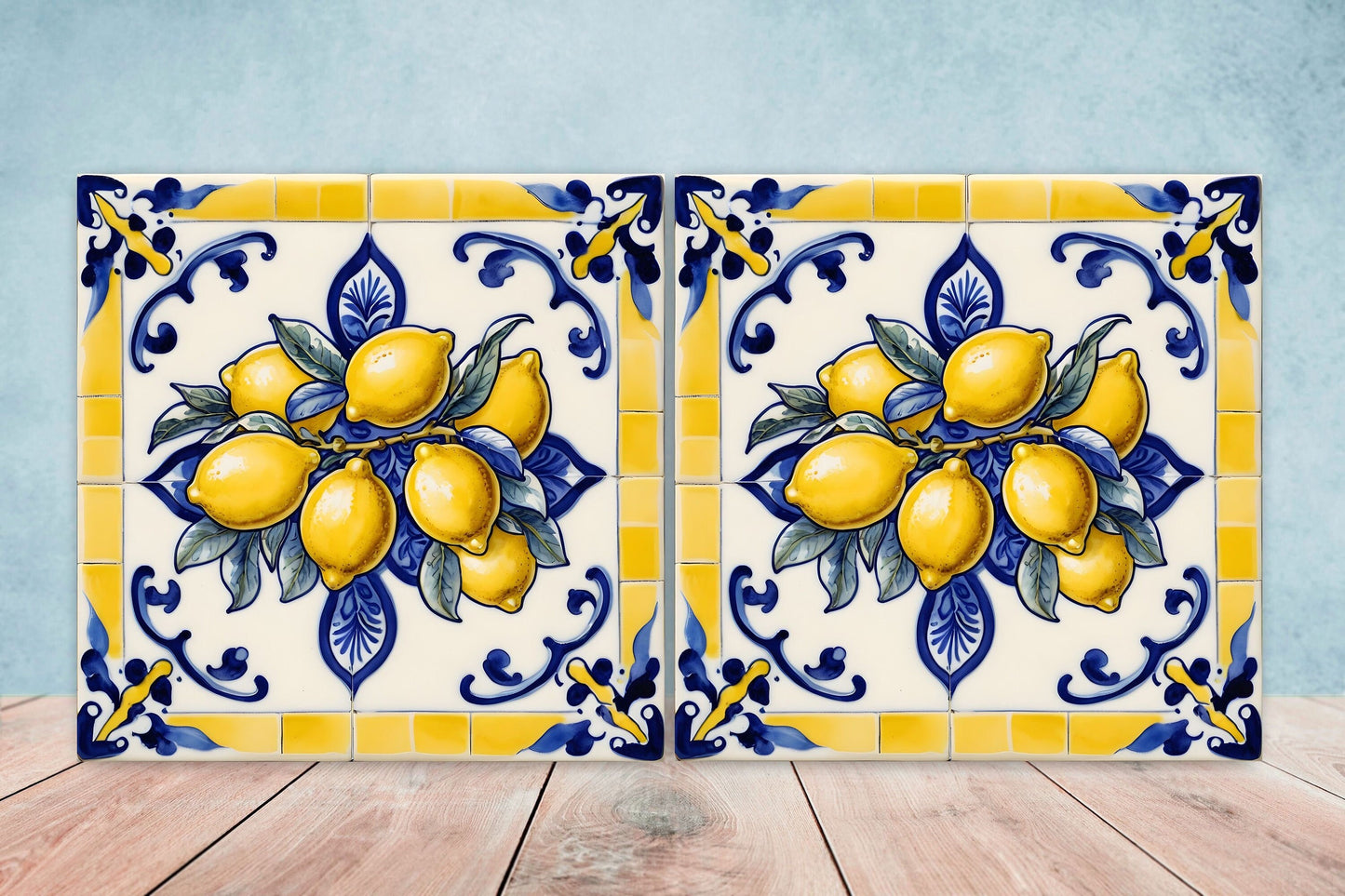 Italian Majolica Lemon Tiles - Set of 2 Italian Wall Decor Tiles - Kitchen Backsplash Tiles, Table Decorative Tiles, Bathroom Tiles, Coaster