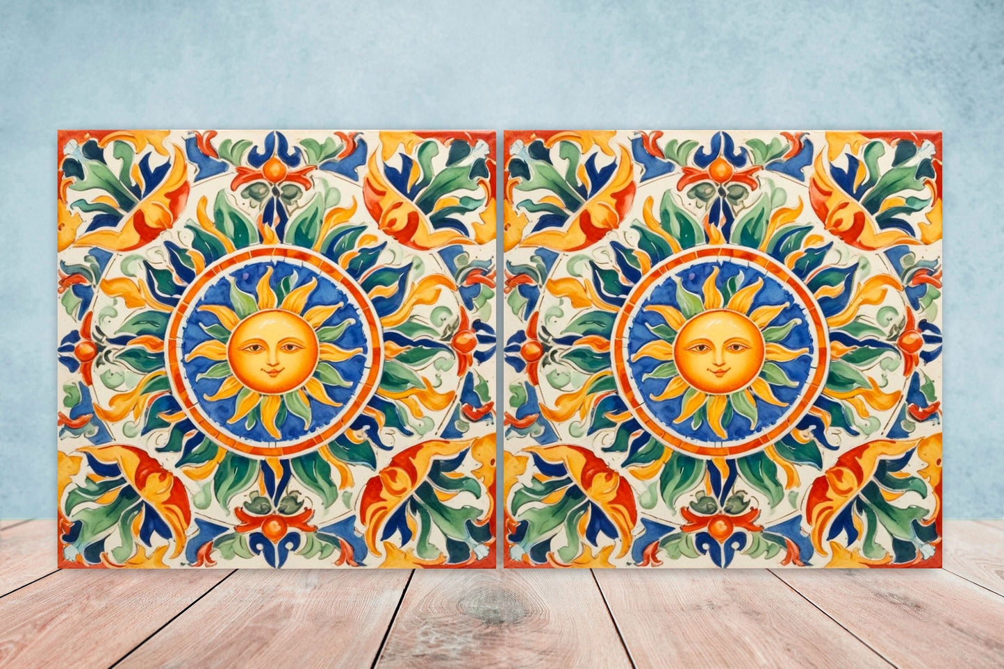 Italian Majolica Sun Tiles - Set of 2 Italian Wall Decor Tiles - Kitchen Backsplash Tiles, Table Decorative Tiles, Bathroom Tiles, Coaster