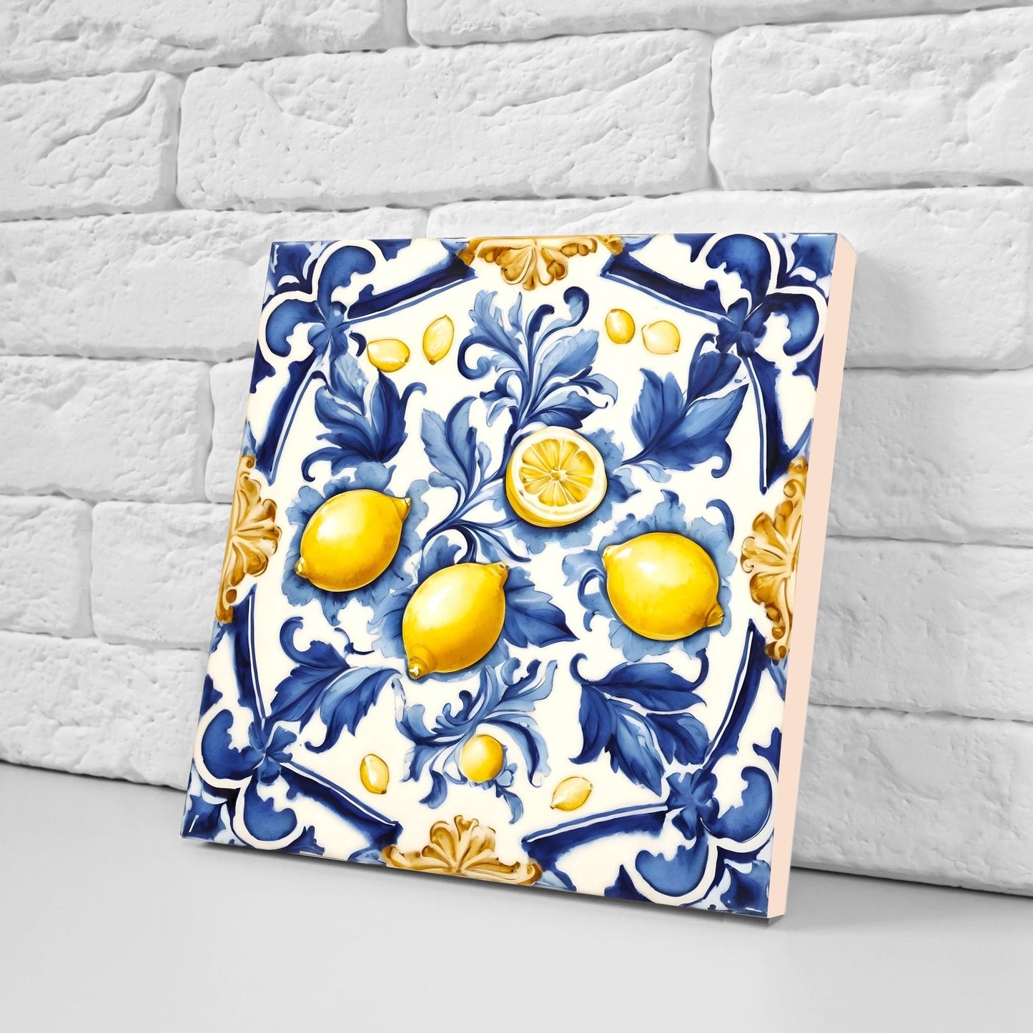 Italian Majolica Lemon Tiles - Set of 2 Italian Wall Decor Tiles - Kitchen Backsplash Tiles, Table Decorative Tiles, Bathroom Tiles, Coaster