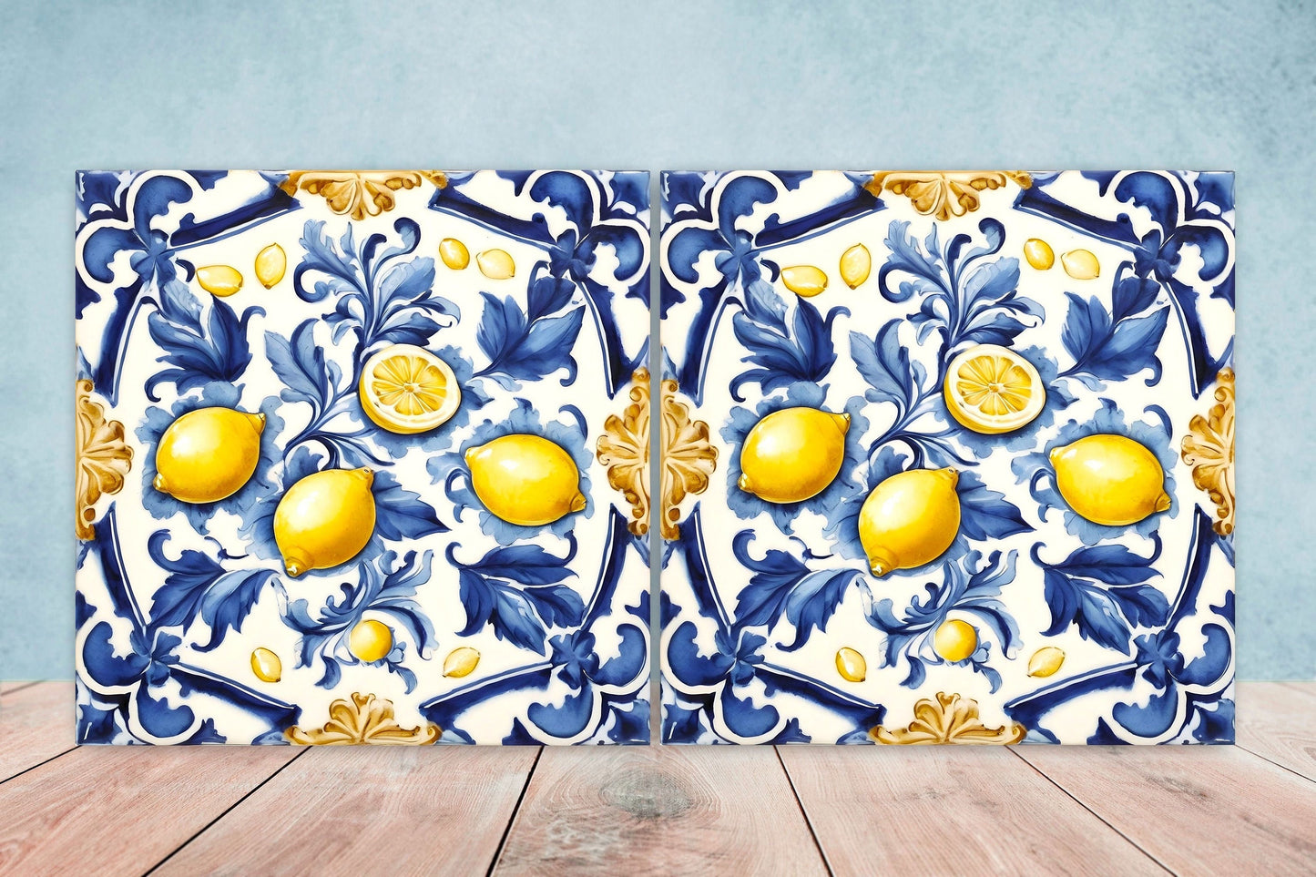 Italian Majolica Lemon Tiles - Set of 2 Italian Wall Decor Tiles - Kitchen Backsplash Tiles, Table Decorative Tiles, Bathroom Tiles, Coaster