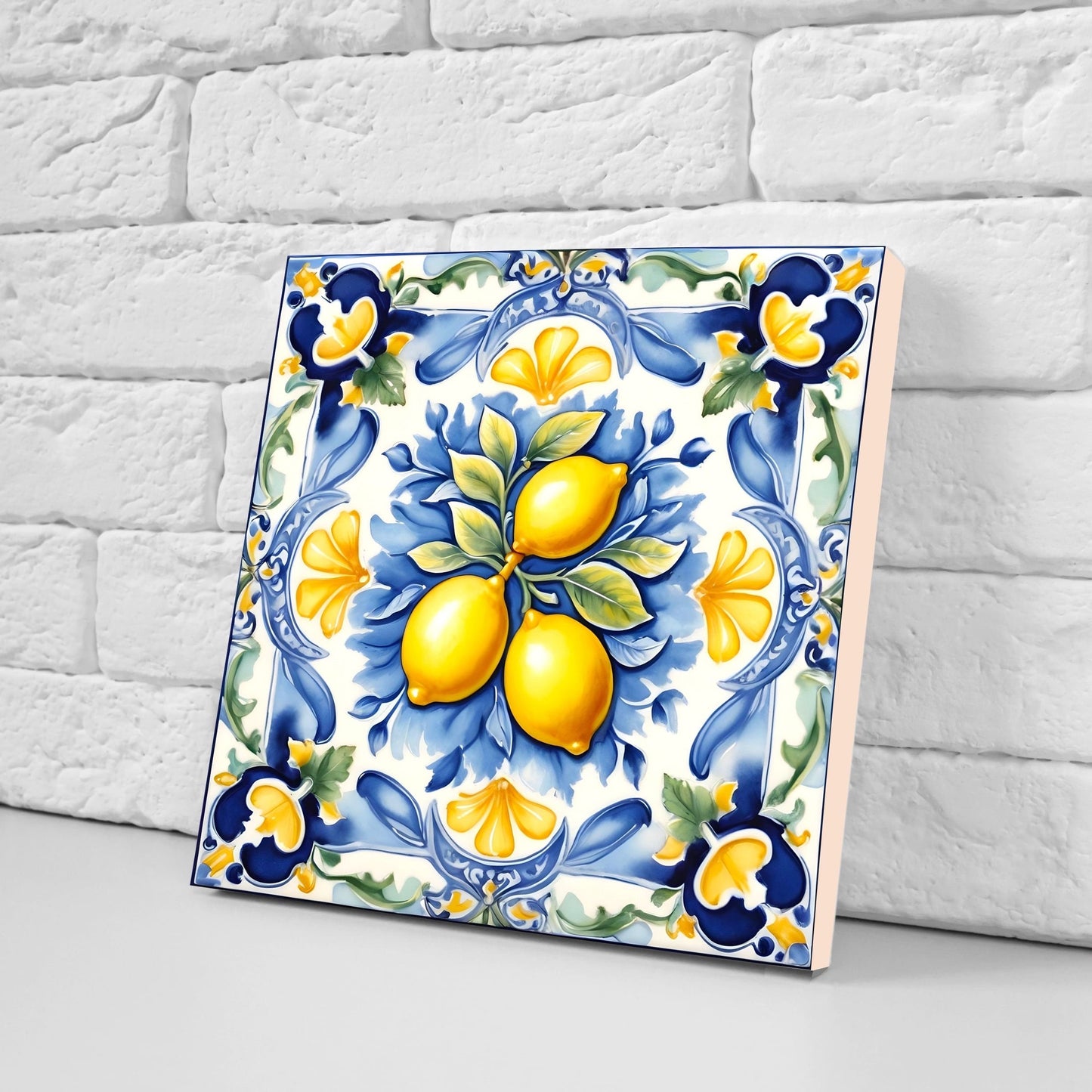 Italian Majolica Lemon Tiles - Set of 2 Italian Wall Decor Tiles - Kitchen Backsplash Tiles, Table Decorative Tiles, Bathroom Tiles, Coaster