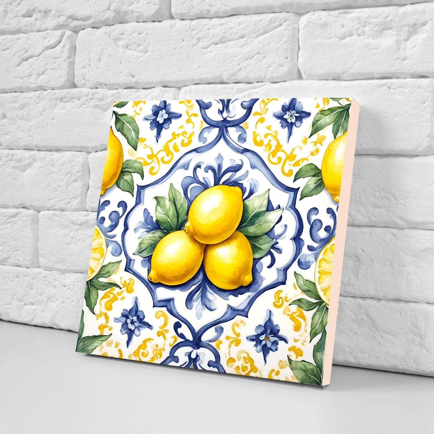 Italian Majolica Lemon Tiles - Set of 2 Italian Wall Decor Tiles - Kitchen Backsplash Tiles, Table Decorative Tiles, Bathroom Tiles, Coaster