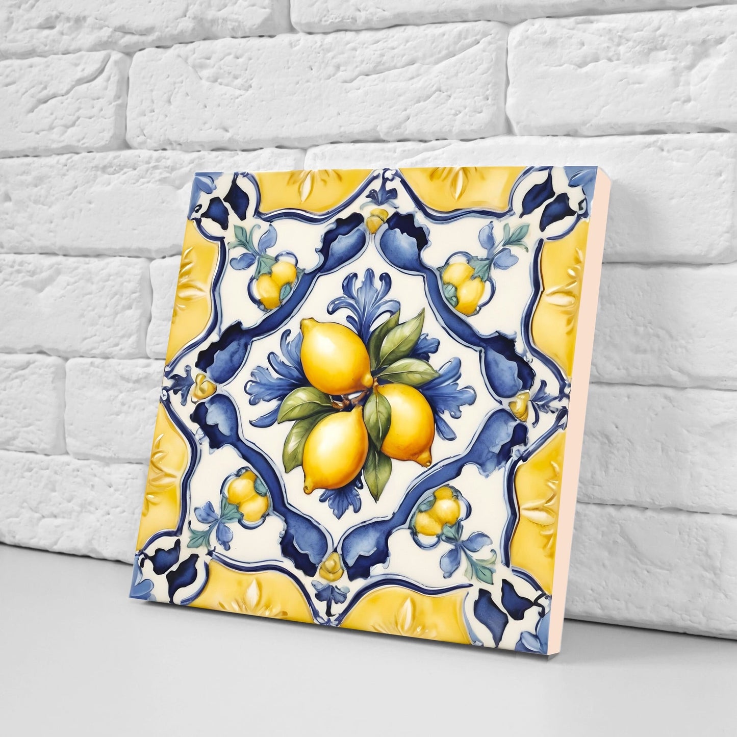 Italian Majolica Lemon Tiles - Set of 2 Italian Wall Decor Tiles - Kitchen Backsplash Tiles, Table Decorative Tiles, Bathroom Tiles, Coaster