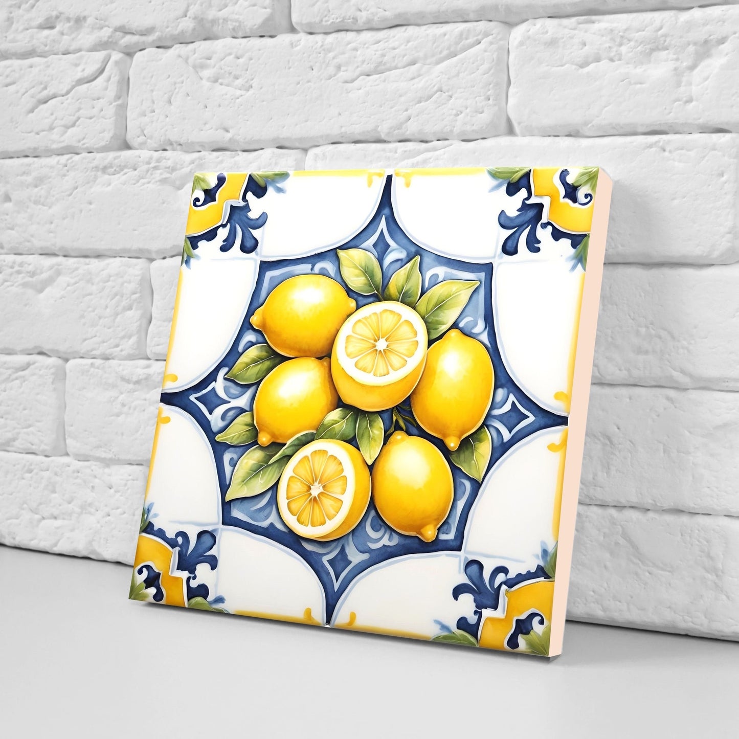 Italian Majolica Lemon Tiles - Set of 2 Italian Wall Decor Tiles - Kitchen Backsplash Tiles, Table Decorative Tiles, Bathroom Tiles, Coaster