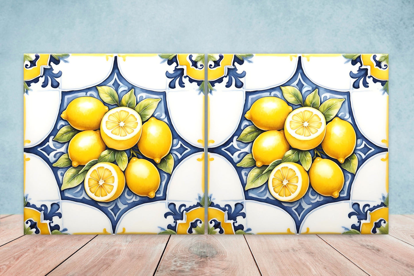 Italian Majolica Lemon Tiles - Set of 2 Italian Wall Decor Tiles - Kitchen Backsplash Tiles, Table Decorative Tiles, Bathroom Tiles, Coaster