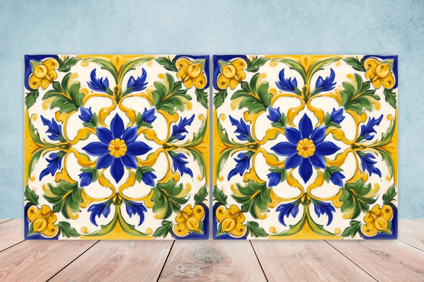 Italian Majolica Tiles - Set of 2 Sicilian Wall Decor Tiles - Kitchen Backsplash Tiles, Table Decorative Tiles, Bathroom Tiles, Coaster