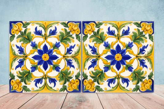 Italian Majolica Tiles - Set of 2 Sicilian Wall Decor Tiles - Kitchen Backsplash Tiles, Table Decorative Tiles, Bathroom Tiles, Coaster