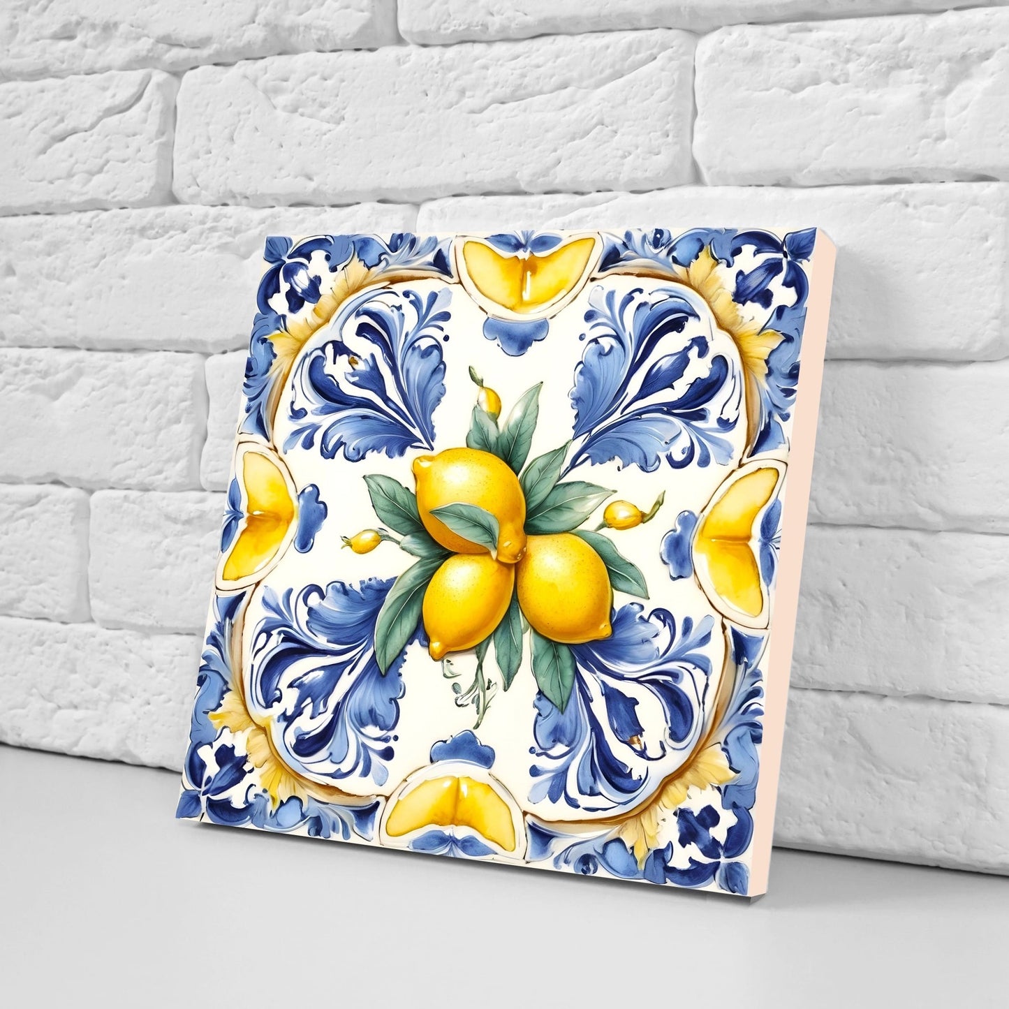 Italian Majolica Lemon Tiles - Set of 2 Italian Wall Decor Tiles - Kitchen Backsplash Tiles, Table Decorative Tiles, Bathroom Tiles, Coaster