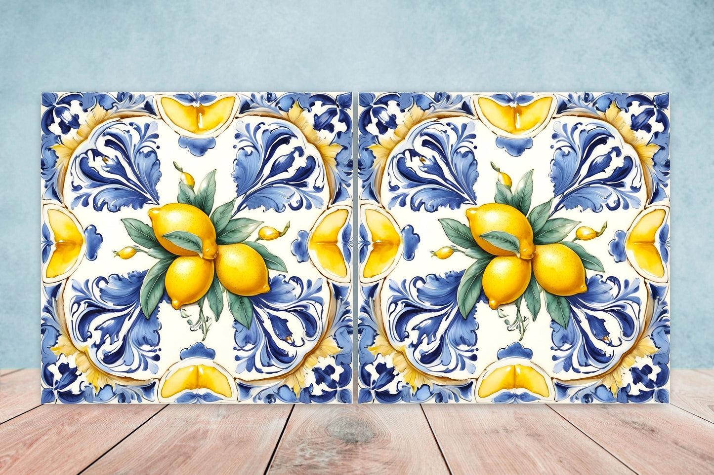 Italian Majolica Lemon Tiles - Set of 2 Italian Wall Decor Tiles - Kitchen Backsplash Tiles, Table Decorative Tiles, Bathroom Tiles, Coaster