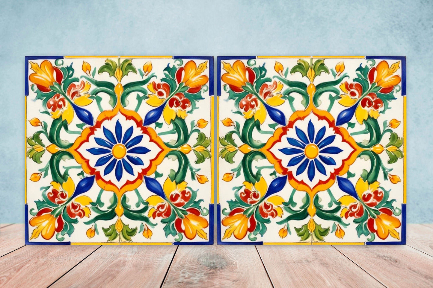 Italian Majolica Tiles - Set of 2 Sicilian Wall Decor Tiles - Kitchen Backsplash Tiles, Table Decorative Tiles, Bathroom Tiles, Coaster