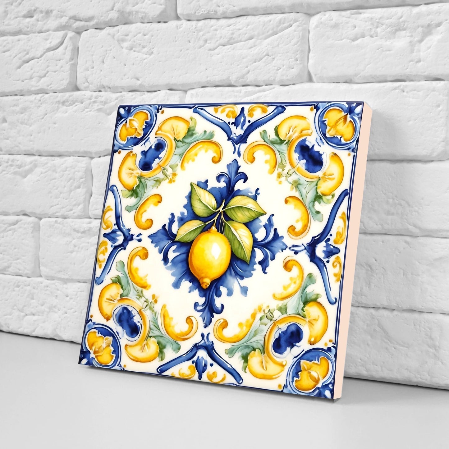 Italian Majolica Lemon Tiles - Set of 2 Italian Wall Decor Tiles - Kitchen Backsplash Tiles, Table Decorative Tiles, Bathroom Tiles, Coaster