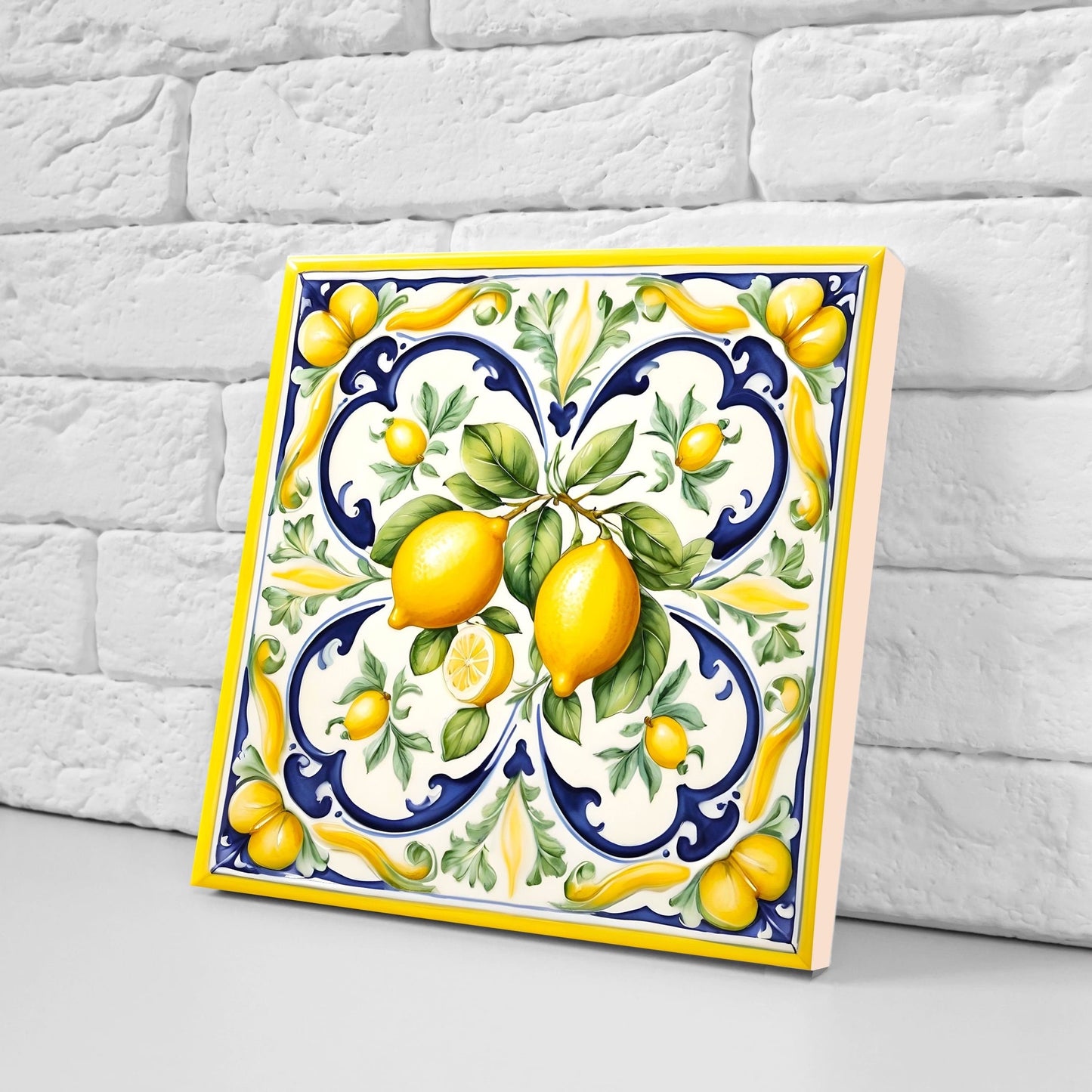 Italian Majolica Lemon Tiles - Set of 2 Italian Wall Decor Tiles - Kitchen Backsplash Tiles, Table Decorative Tiles, Bathroom Tiles, Coaster