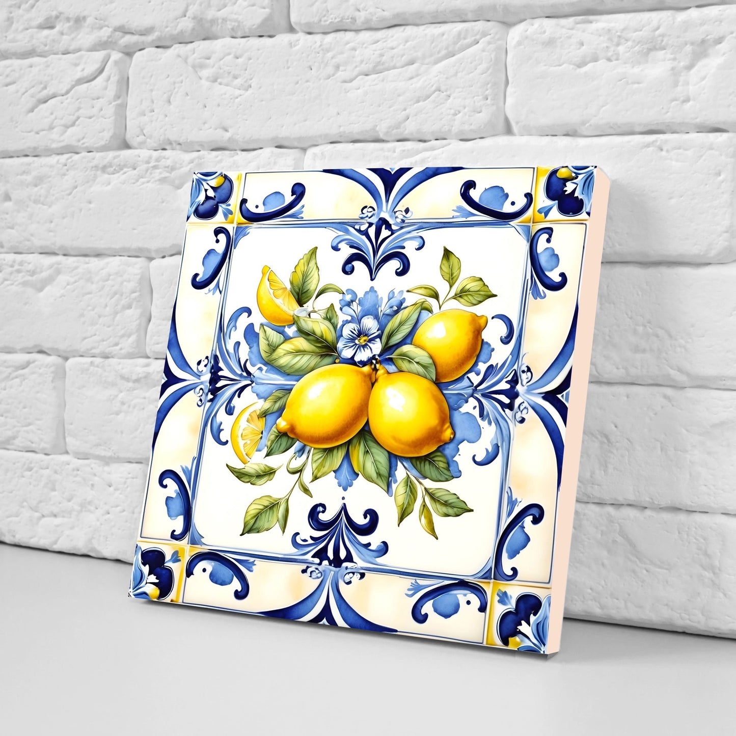 Italian Majolica Lemon Tiles - Set of 2 Italian Wall Decor Tiles - Kitchen Backsplash Tiles, Table Decorative Tiles, Bathroom Tiles, Coaster